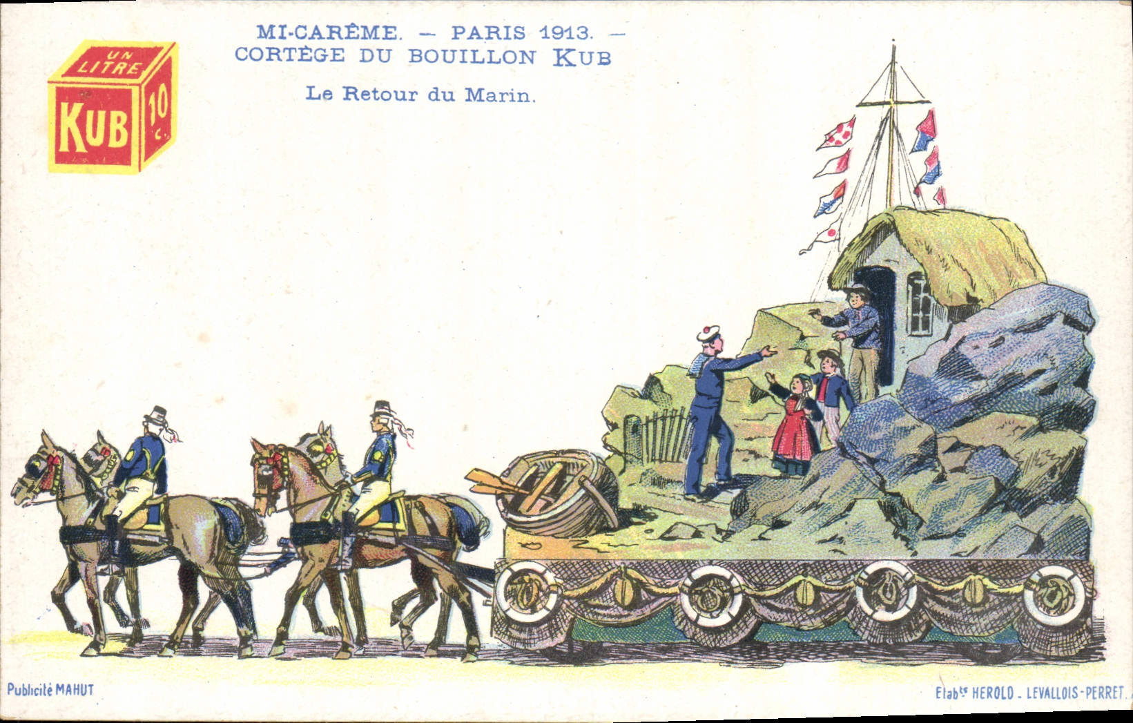 Postal Publicidad Kub Mi Cuaresma París 1913 de Comitiva del caldo Kub la vuelta del marinero