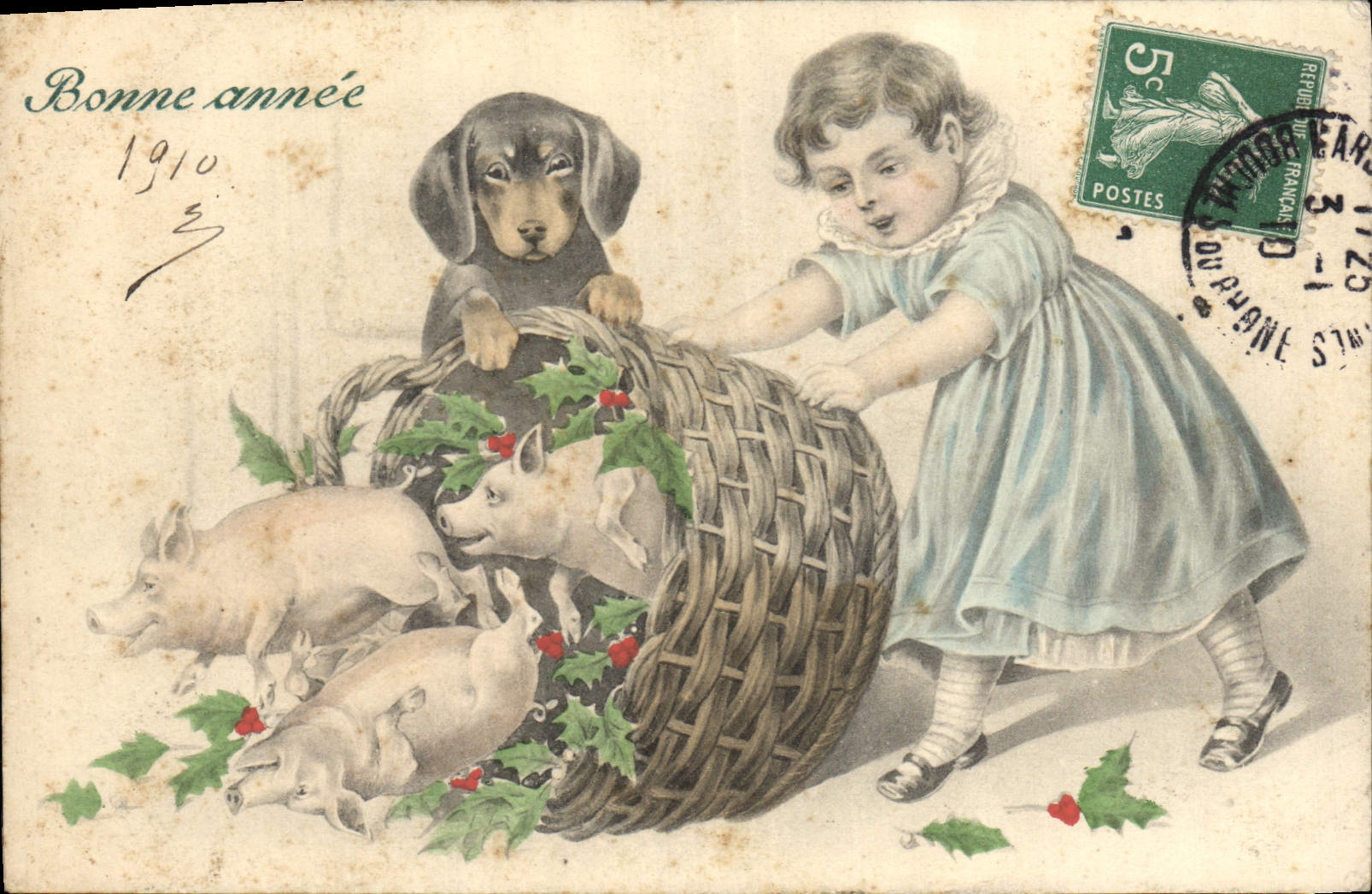 Postal Fantasia Ilustrador Niño Perro Cerdo Cerdo