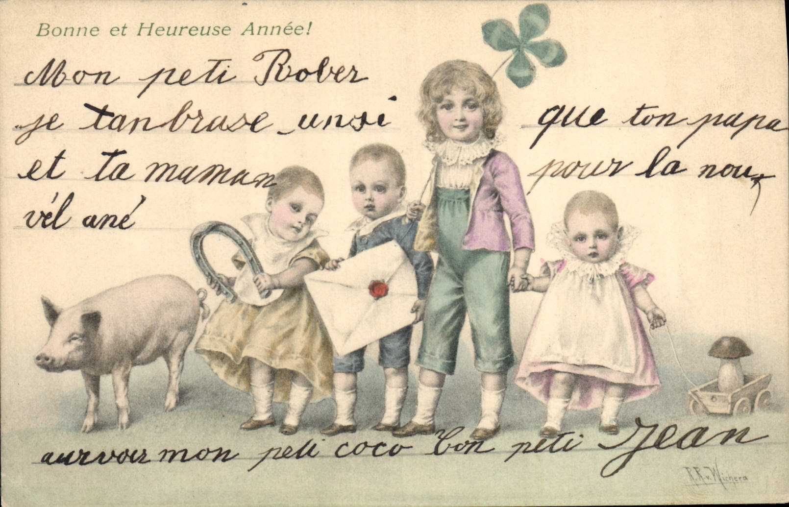 Postal Fantasia Ilustrador Niños Trébol Hierro tiene caballo seta Perro Cerdo Cerdo