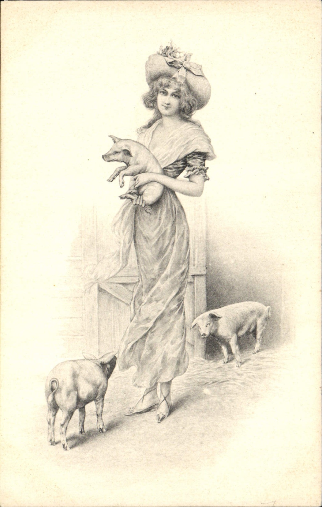 Postal Fantasia Ilustrador Mujer Cerdo Cerdo