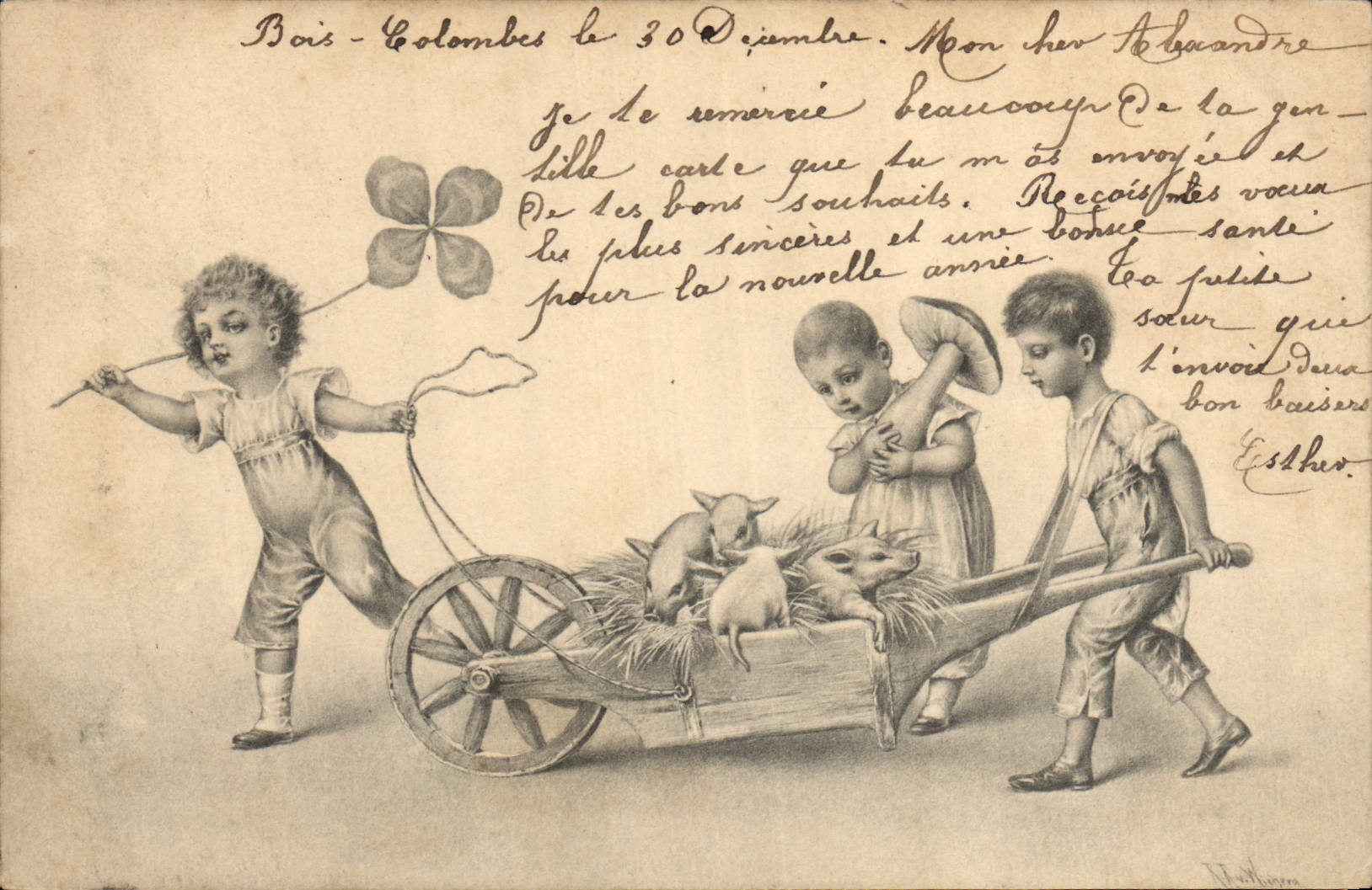 Postal Fantasia Ilustrador Niños Trébol Cerdo Cerdo