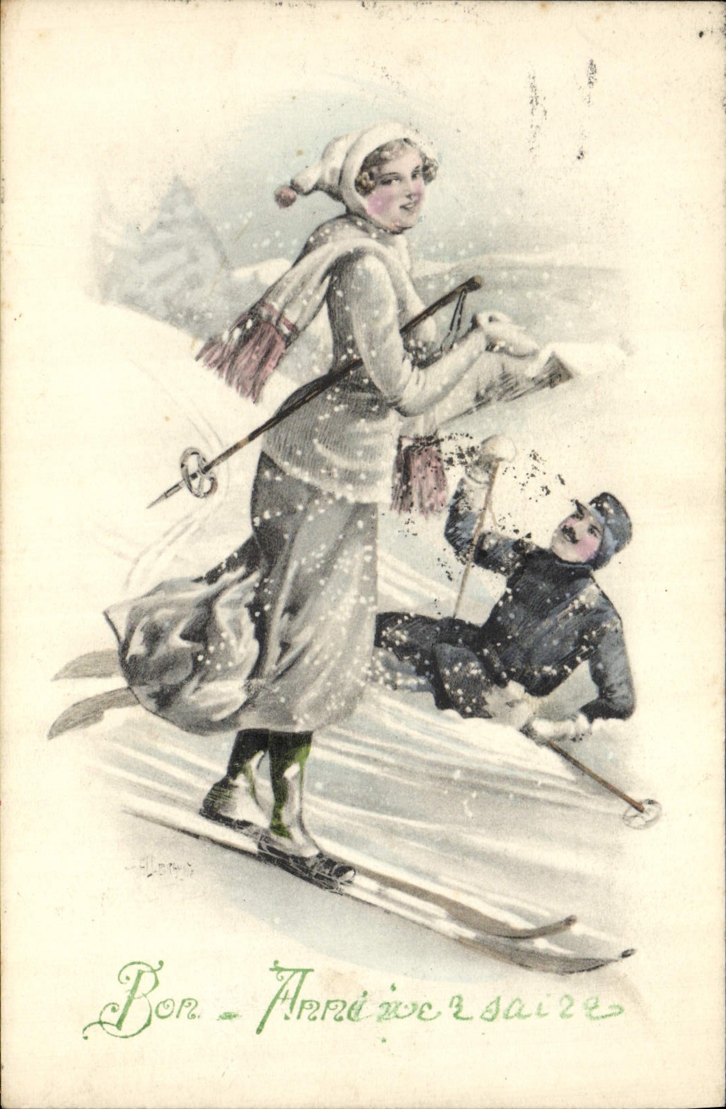 Postal Fantasia Ilustrador Mujer Esquí