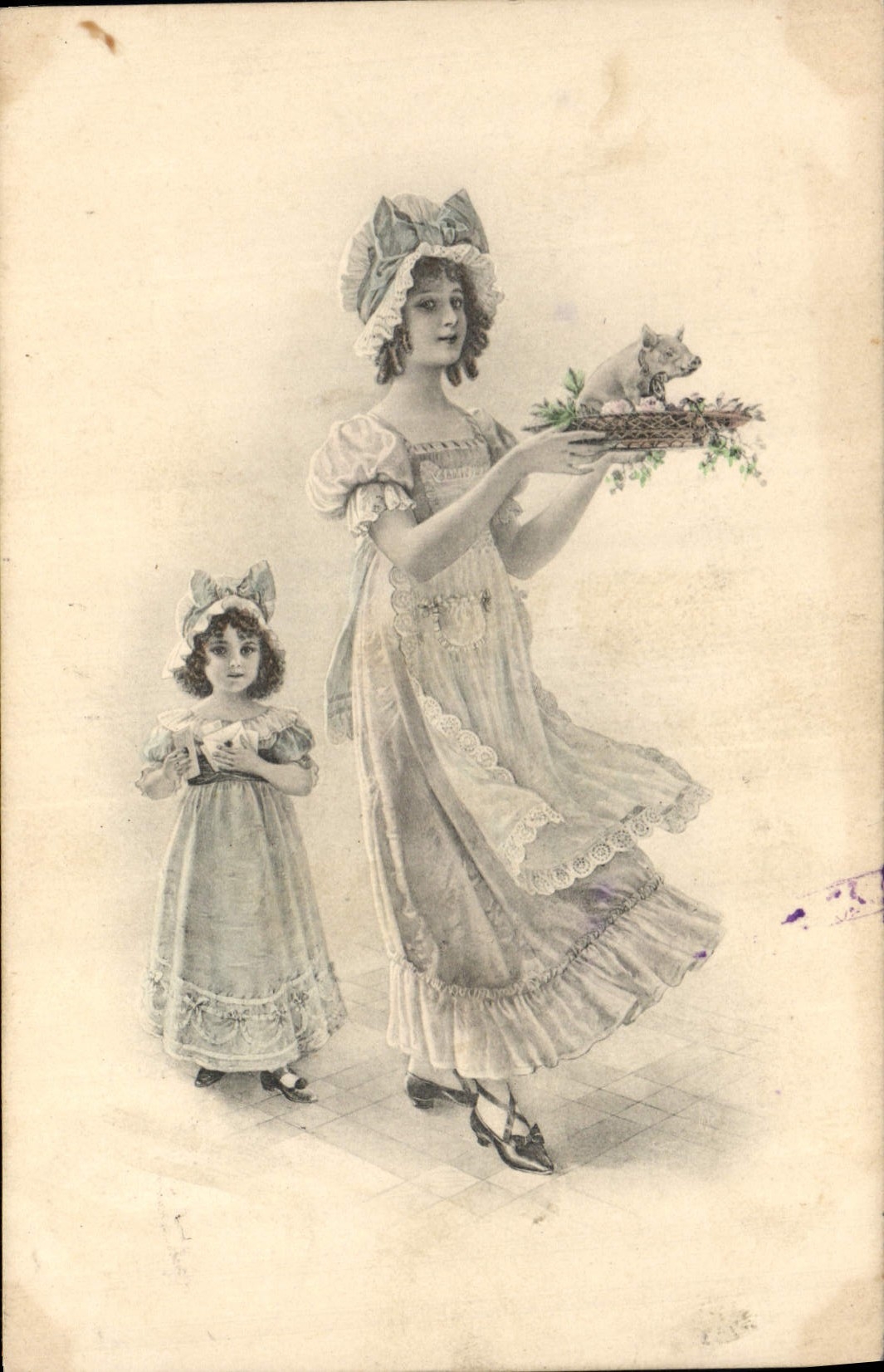 Postal Fantasia Ilustrador Mujer - niño Cerdo Cerdo