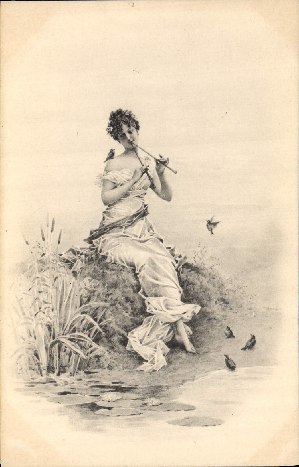 CPA Fantaisie Illustrateur Femme Flute