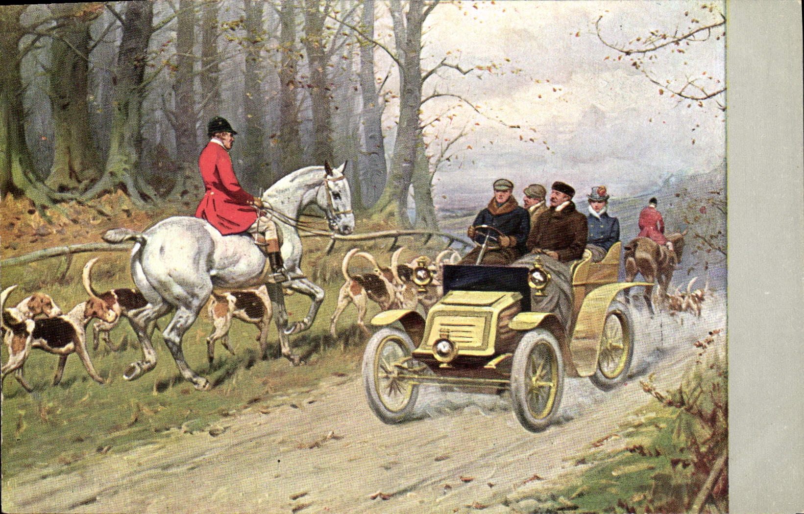 Postal Fantasia Ilustrador Desenvuelto Perros Automóvil Caza