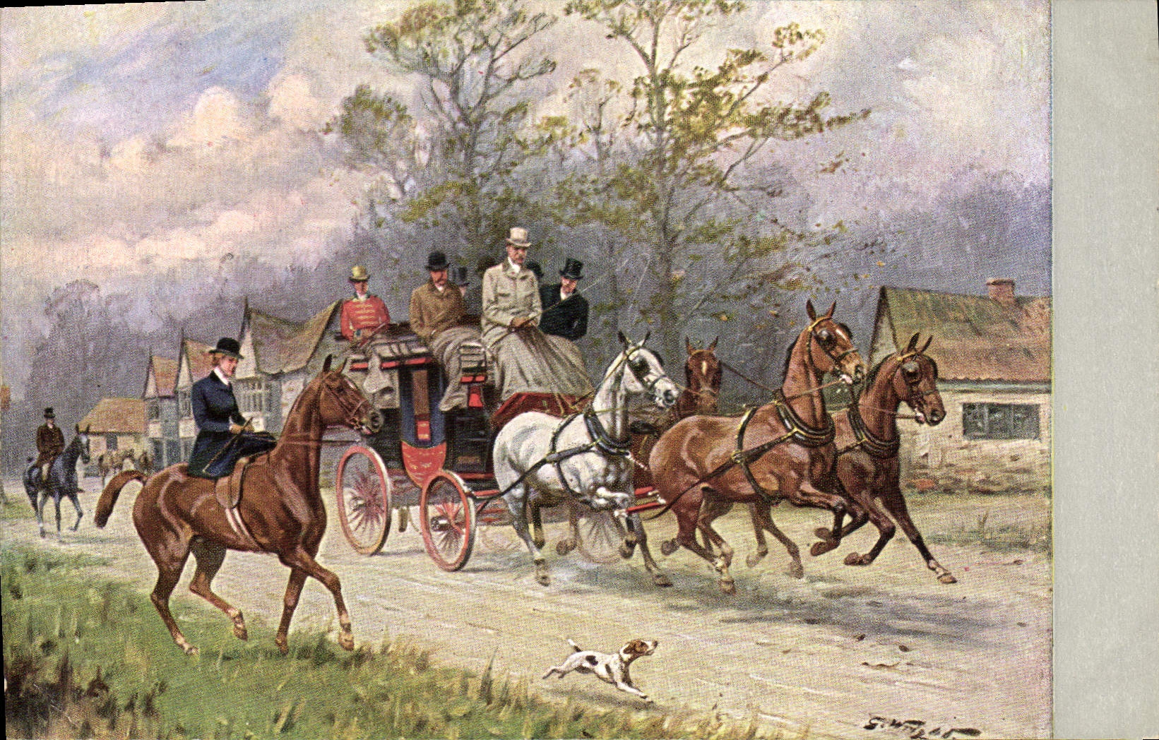 Postal Fantasia Ilustrador Caleche Caballos Perro