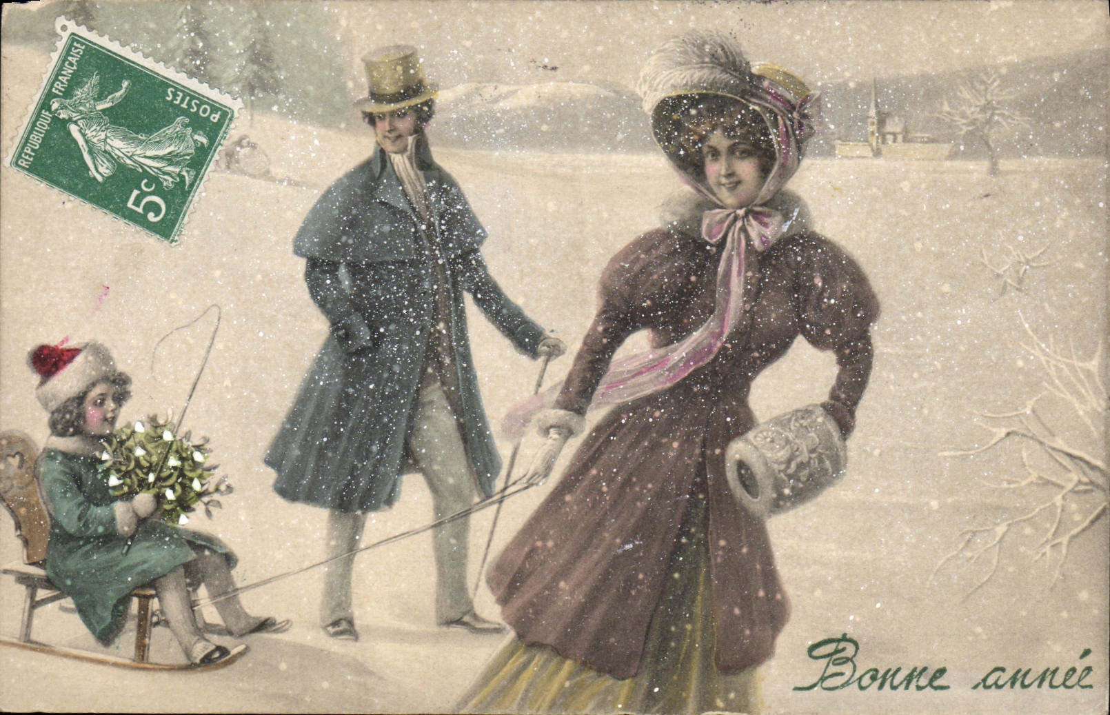 Postal Fantasia Ilustrador Mujer - niño Trineo pequeño