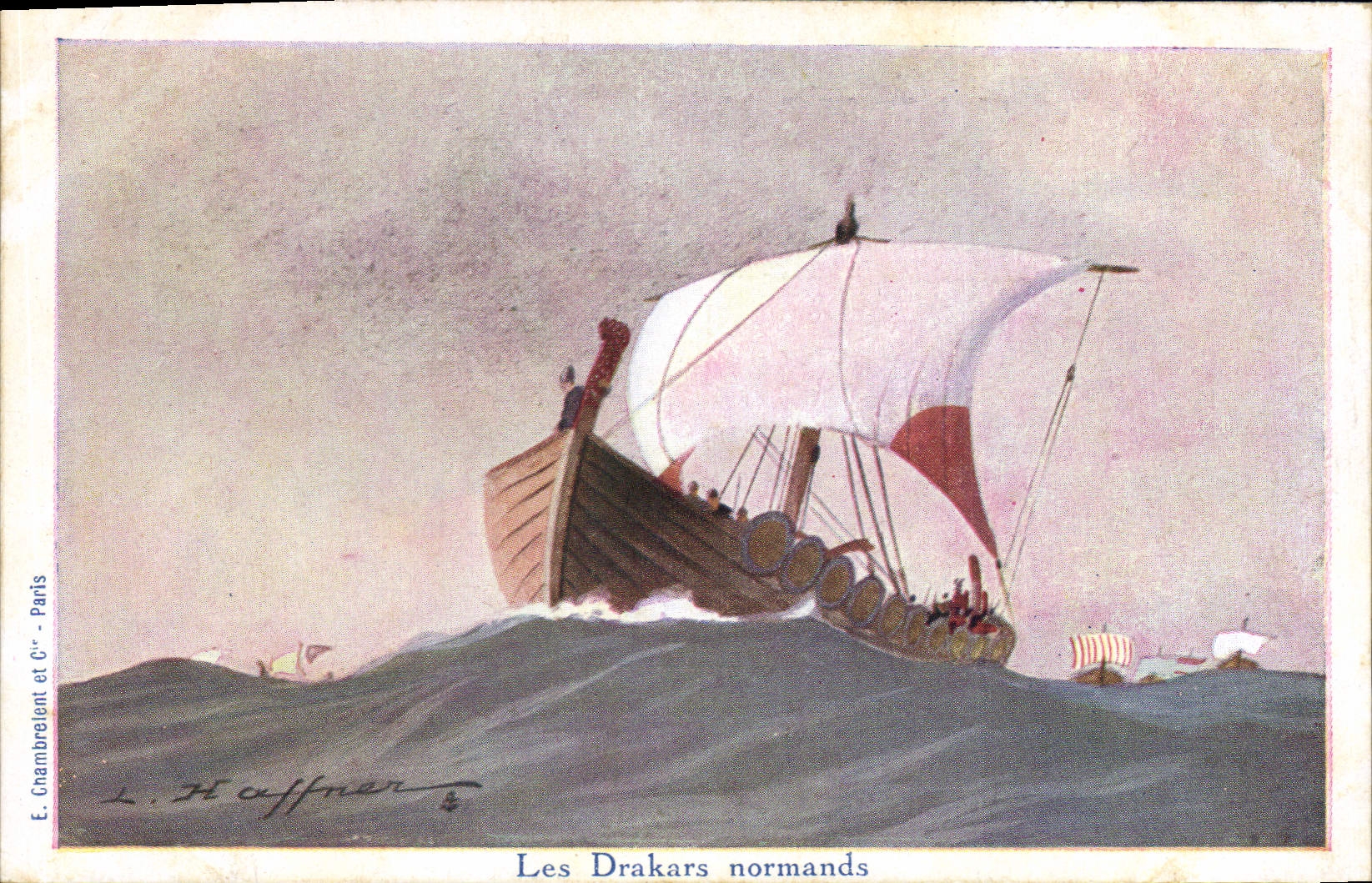 Postal Fantasia Ilustrador Haffner Barco los drajars normandos