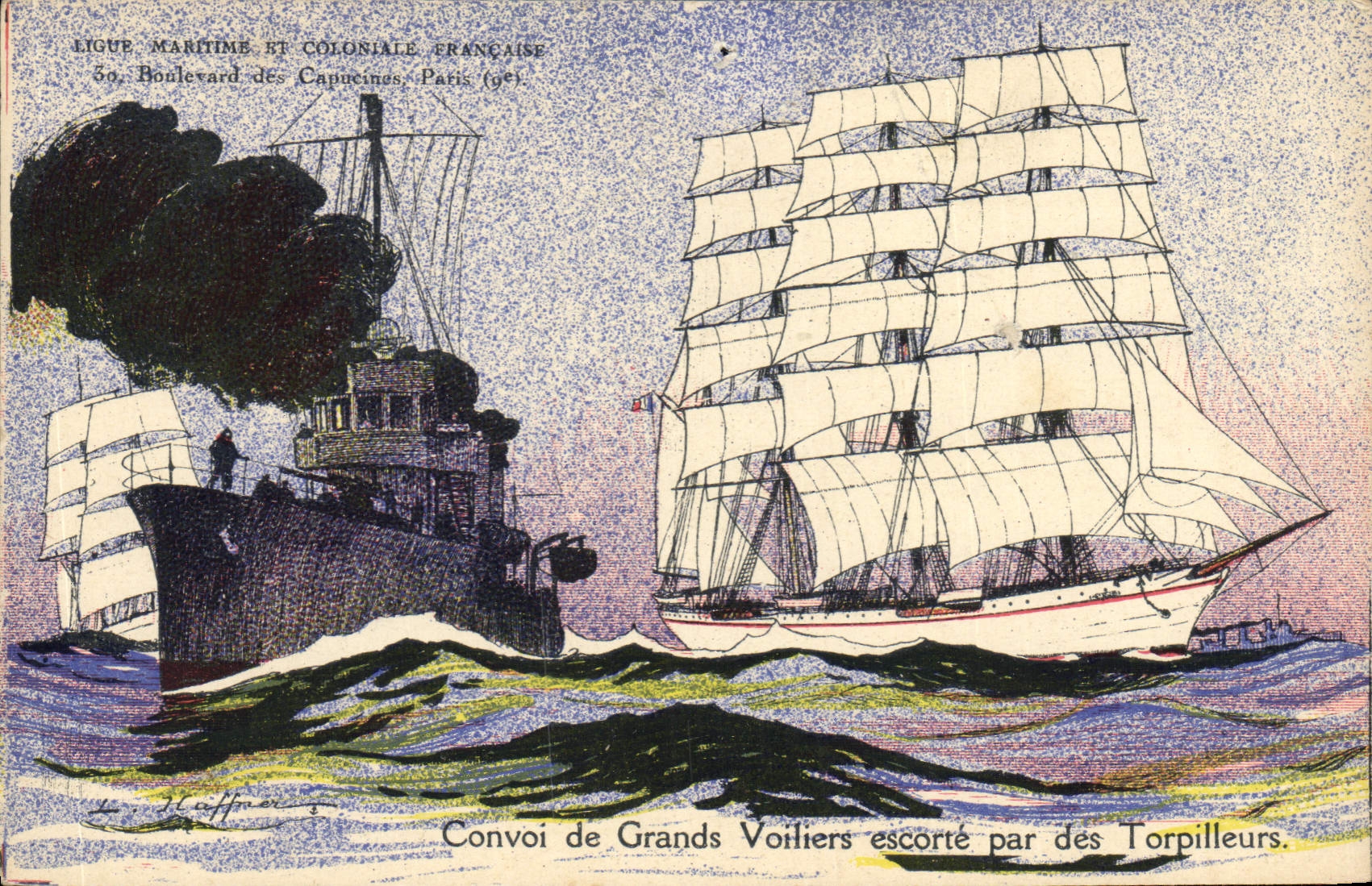 Postal Fantasia Ilustrador Haffner Barco Convoy grandes veleros escoltan por torpederos