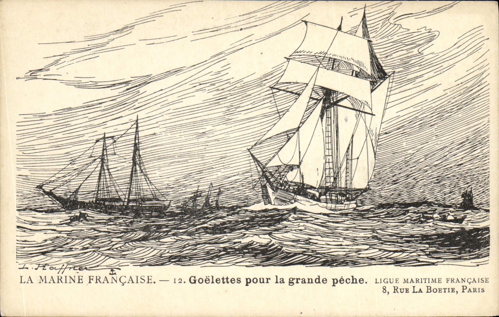 Postal Fantasia Ilustrador Haffner Barco Goletas para la gran pesca