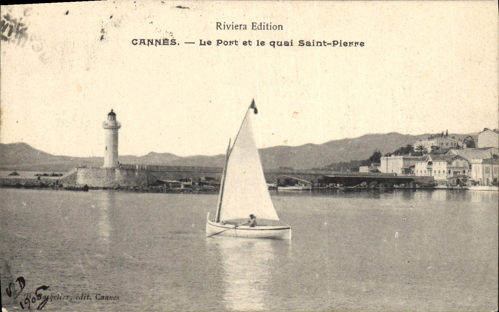 Vintage Postcard Cannes Headlight the port and the quay Saint Pierre Boat