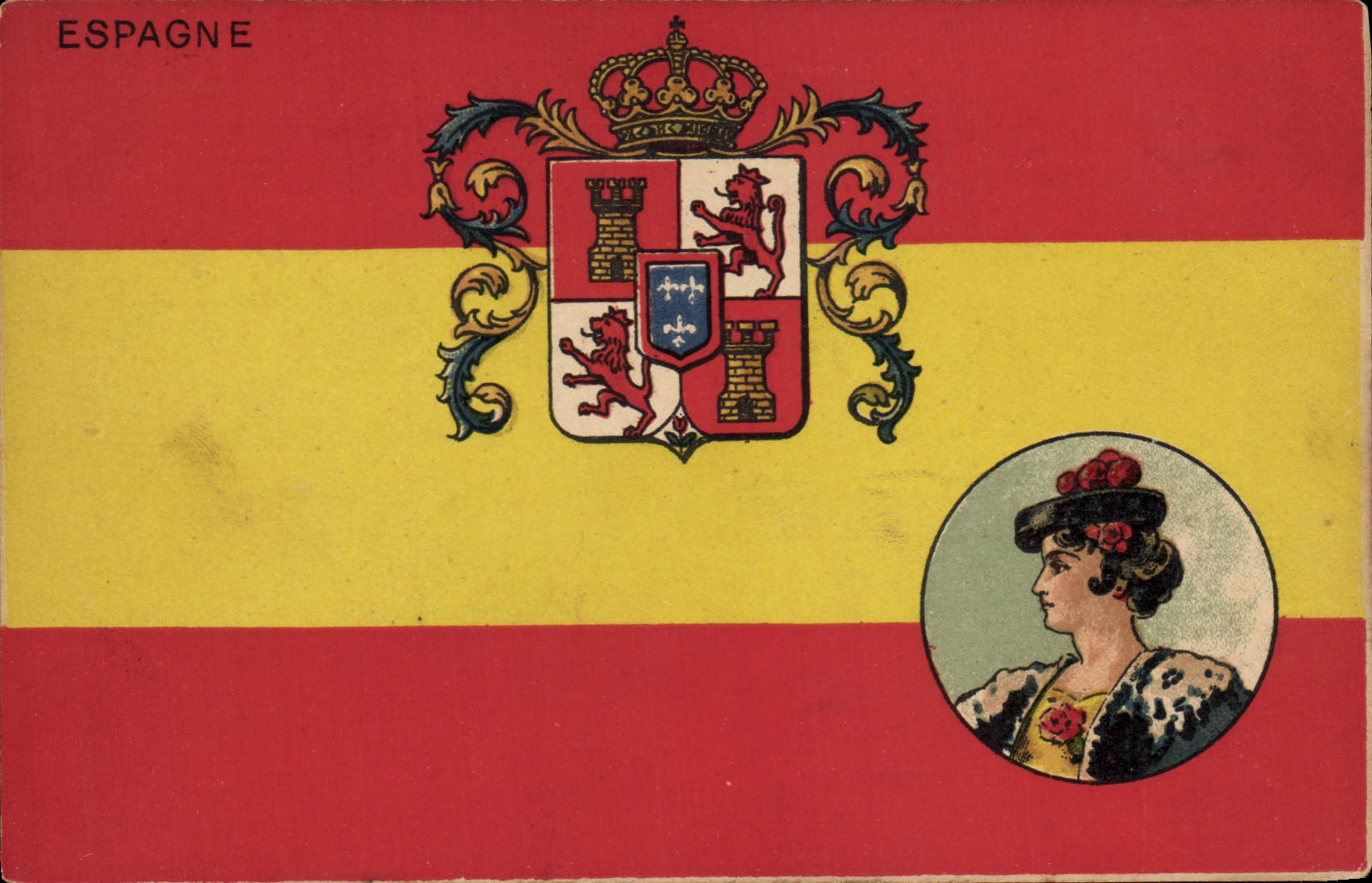 CPA Drapeau Femme Espagne Lion