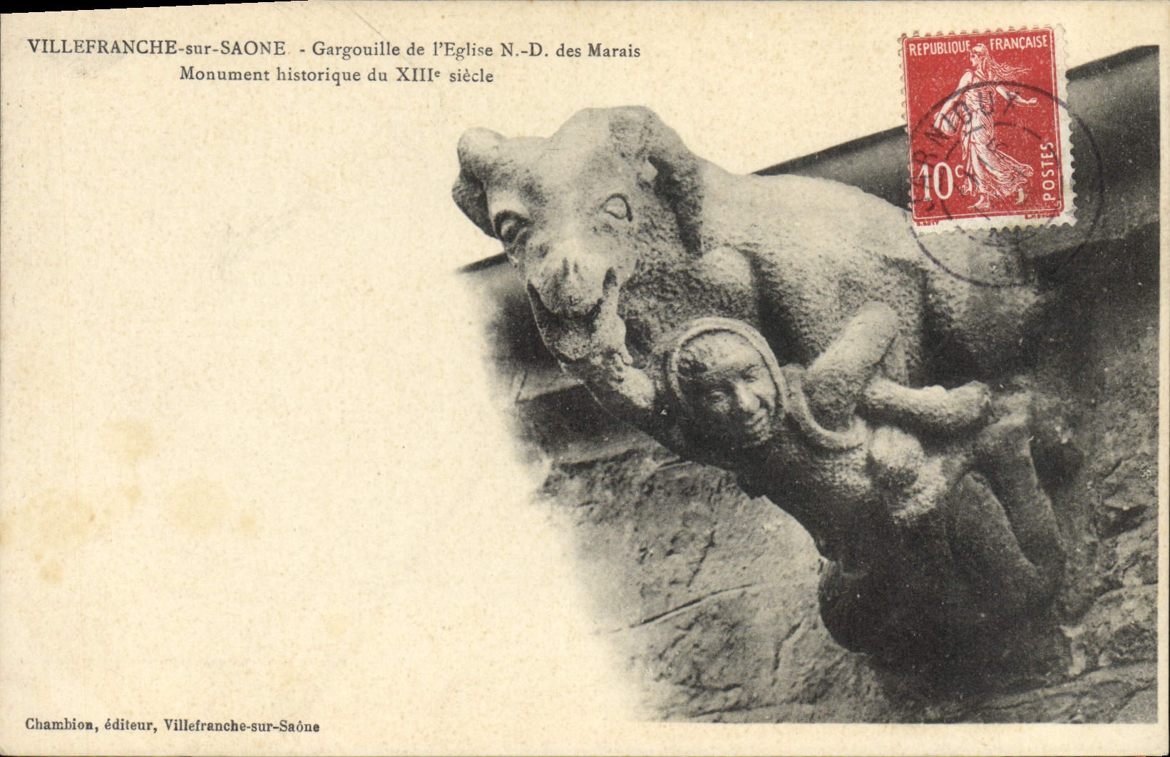 Postal Villefranche sobre Saone Gárgola de la iglesia ND de los Pantanos
