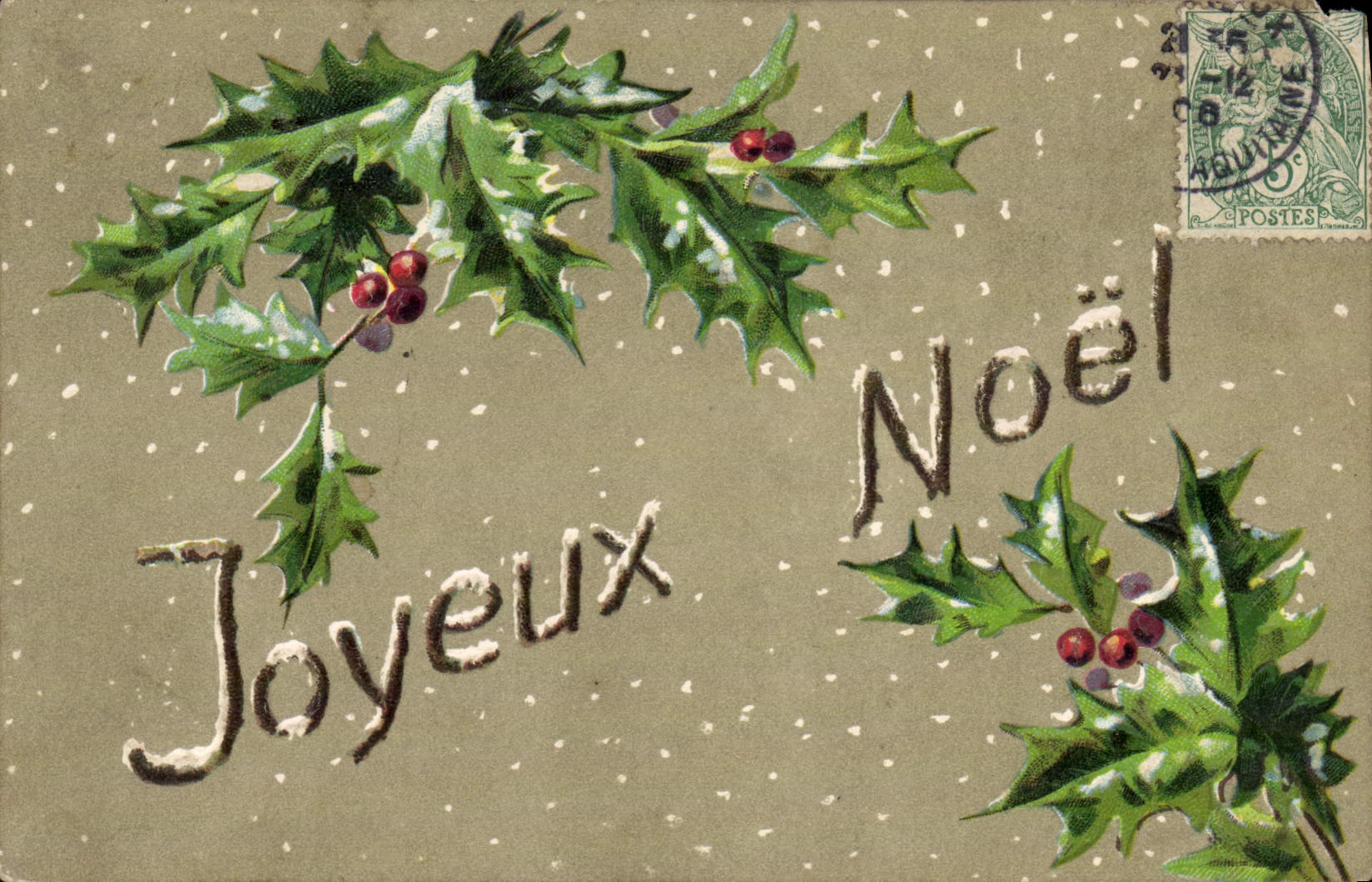 CPA Fantaisie Fleurs Houx Noel