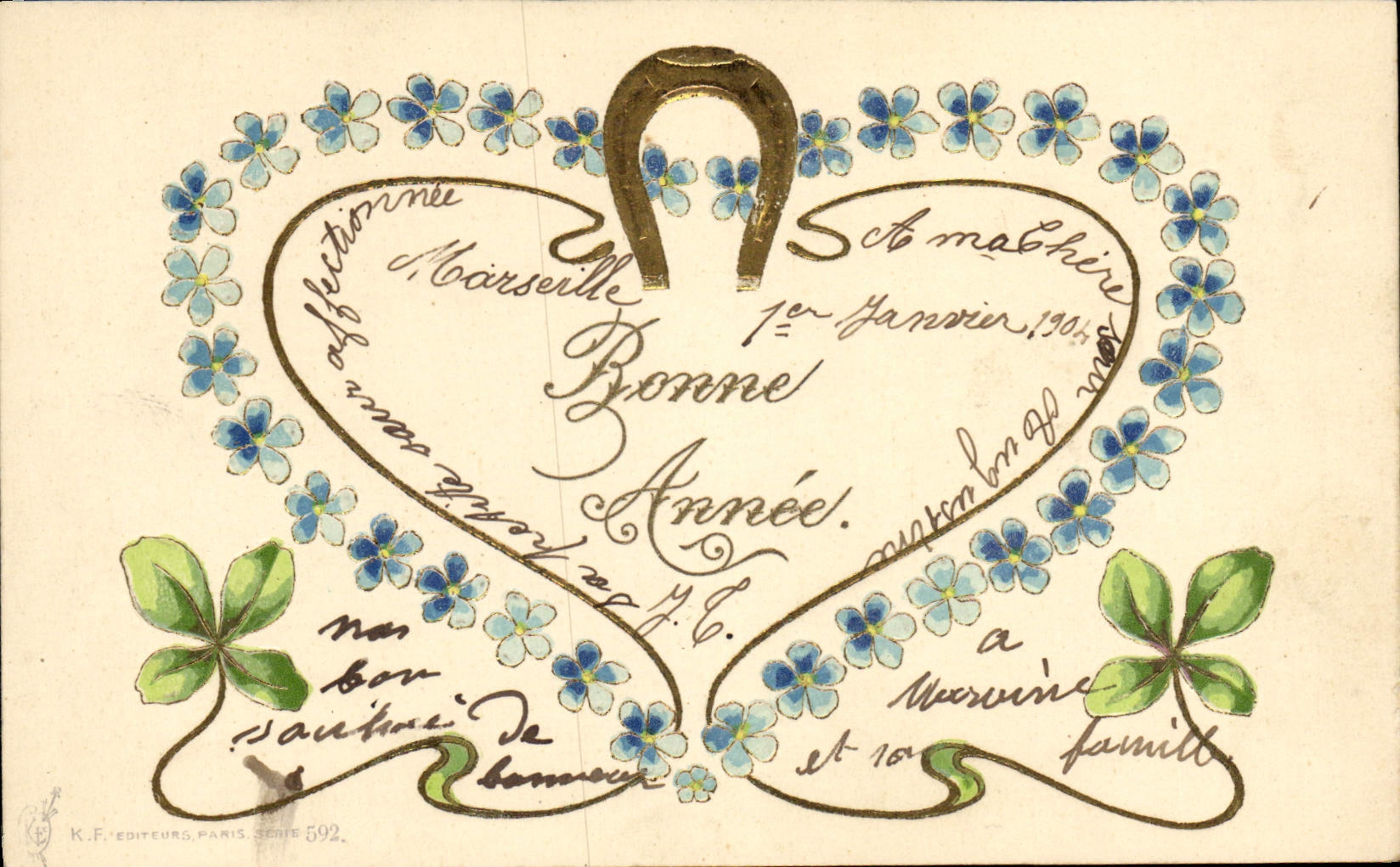 CPA Fantaisie Fleurs Fer a cheval Trefles