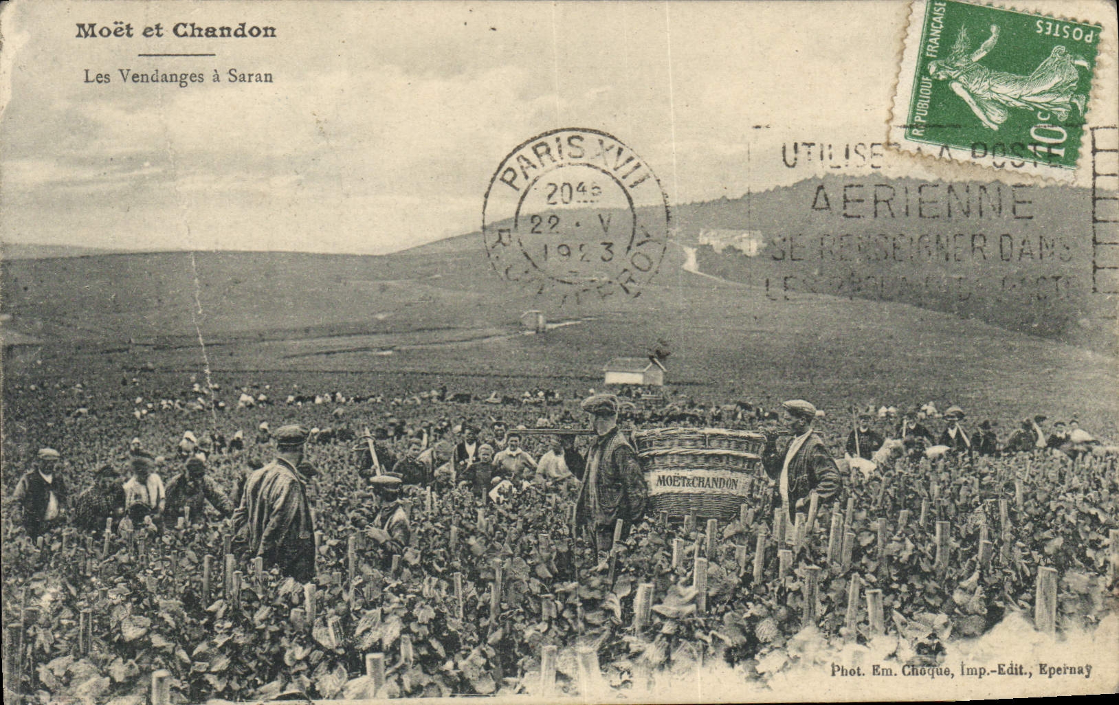 Postal Folclore Vid Vino Vendimias Champaña Moet & Chandon las vendimias a Saran