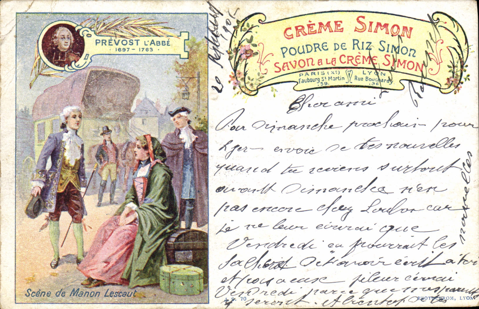 CPA Publicite Creme Simon Poudre de riz Prevost L'Abbe Manon Lescaut