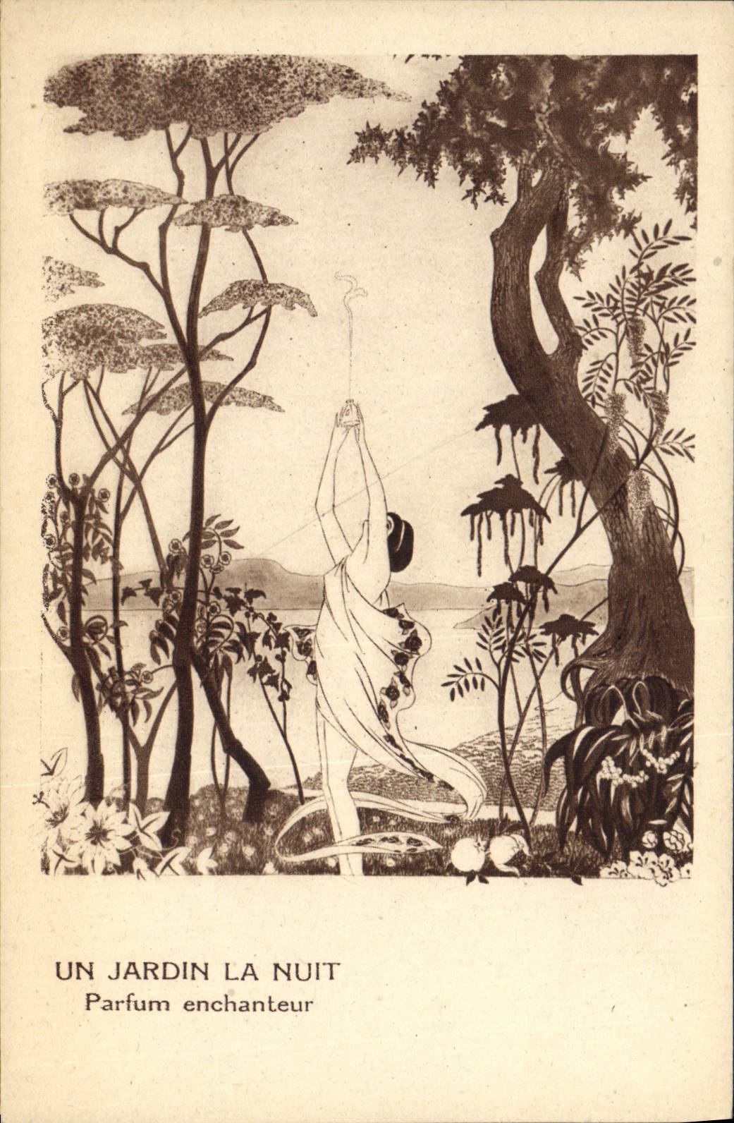 Vintage Postcard Publicity a garden the night Perfume enchanter
