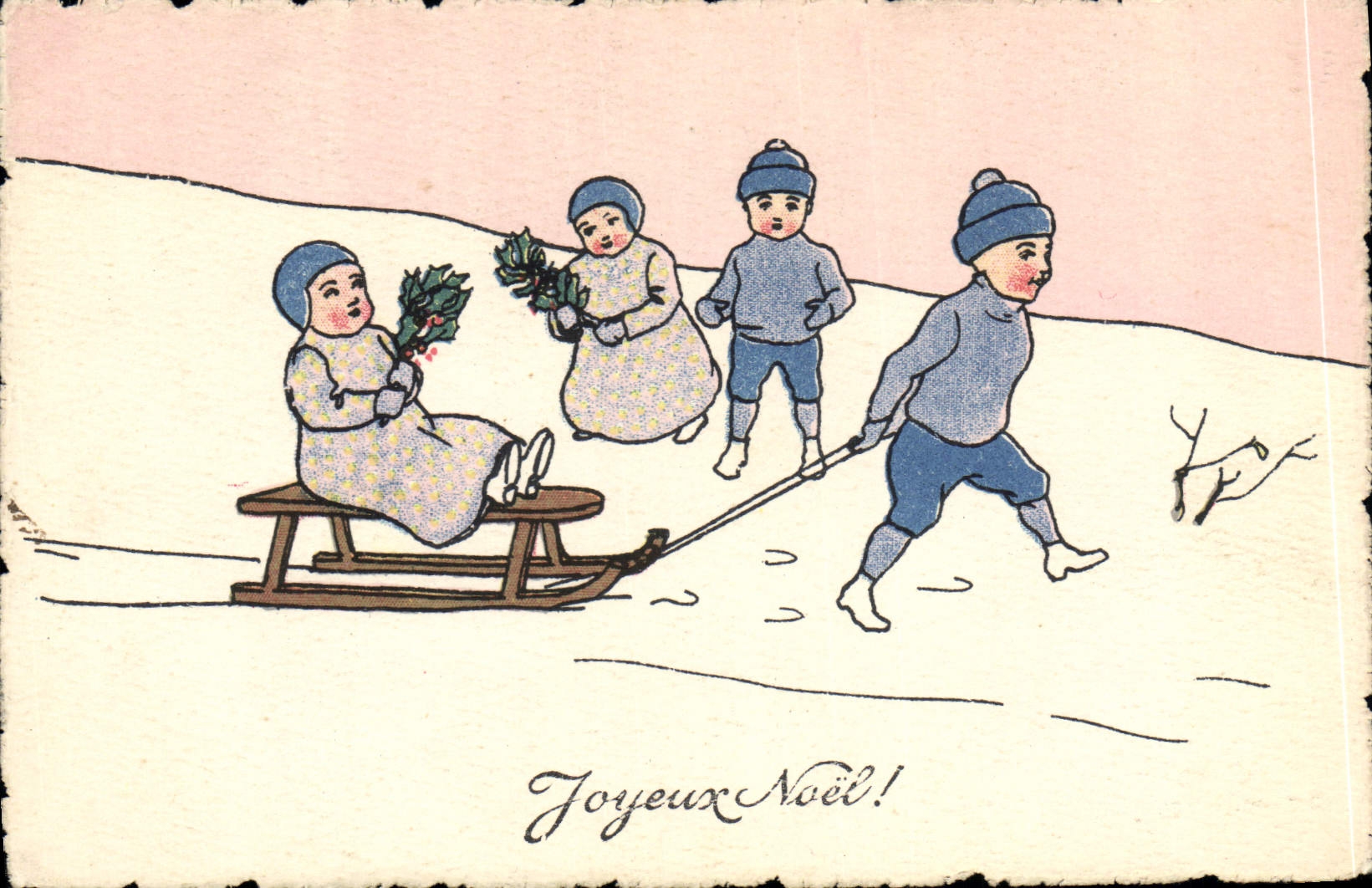 Postal Fantasia Niños Trineo pequeño Ilustrador
