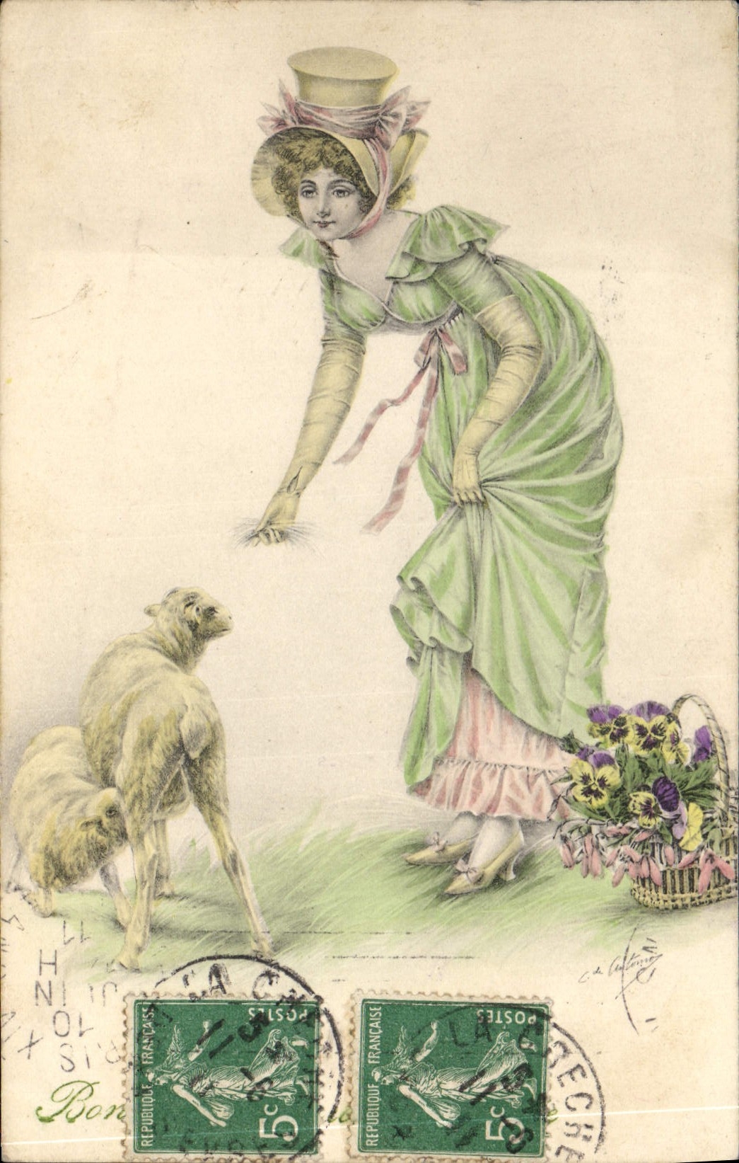 CPA Fantaisie Femme Illustrateur Agneau