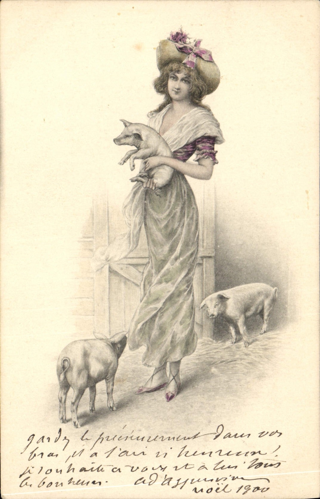 CPA Fantaisie Femme Illustrateur Cochon Porc