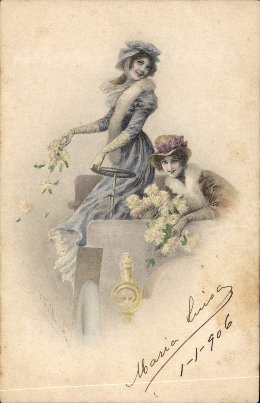 Postal Fantasia Mujeres Ilustrador Automóvil
