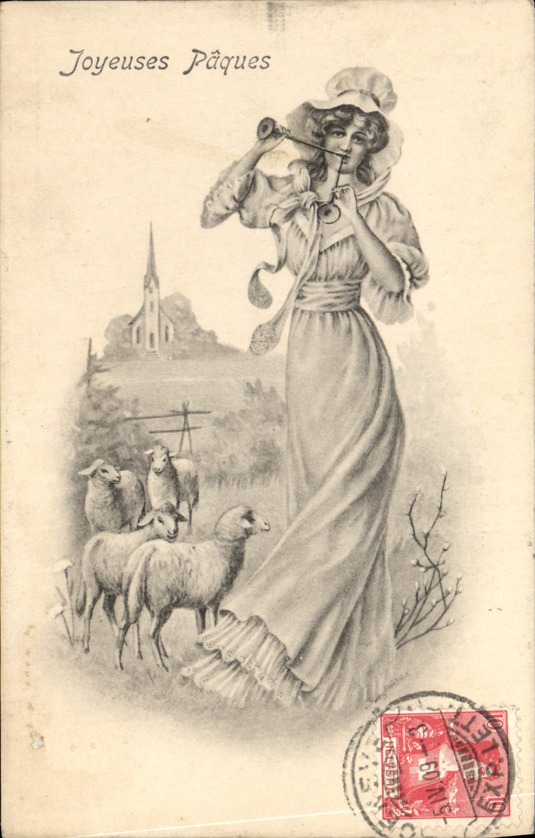 Postal Fantasia Mujer Ilustrador Pascuas Corderos