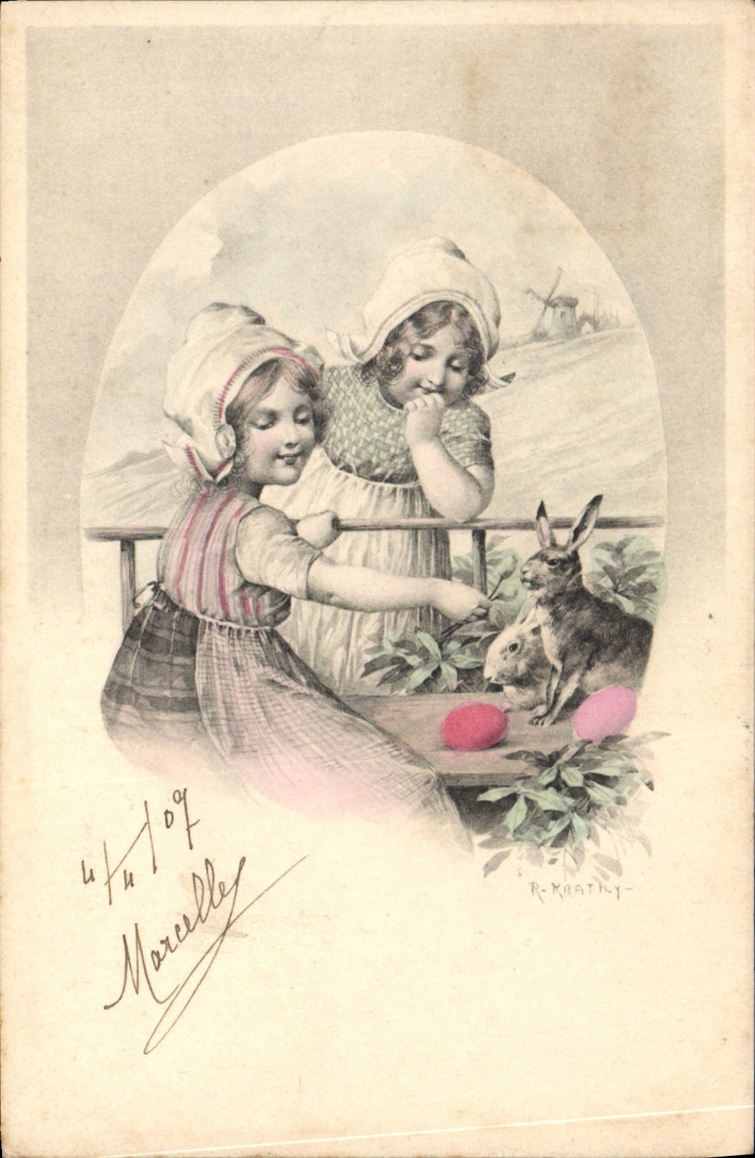 Postal Fantasia Niños Conejos Ilustrador