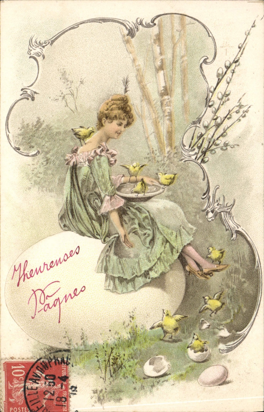 CPA Fantaisie Femme Illustrateur Poussins