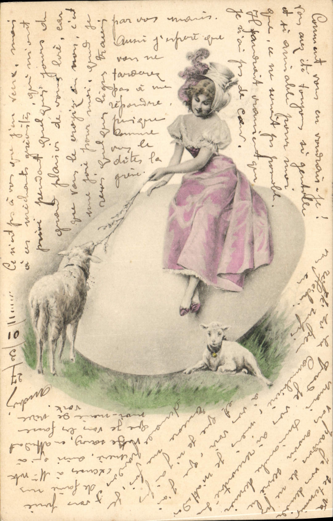 CPA Fantaisie Femme Illustrateur Agneaux