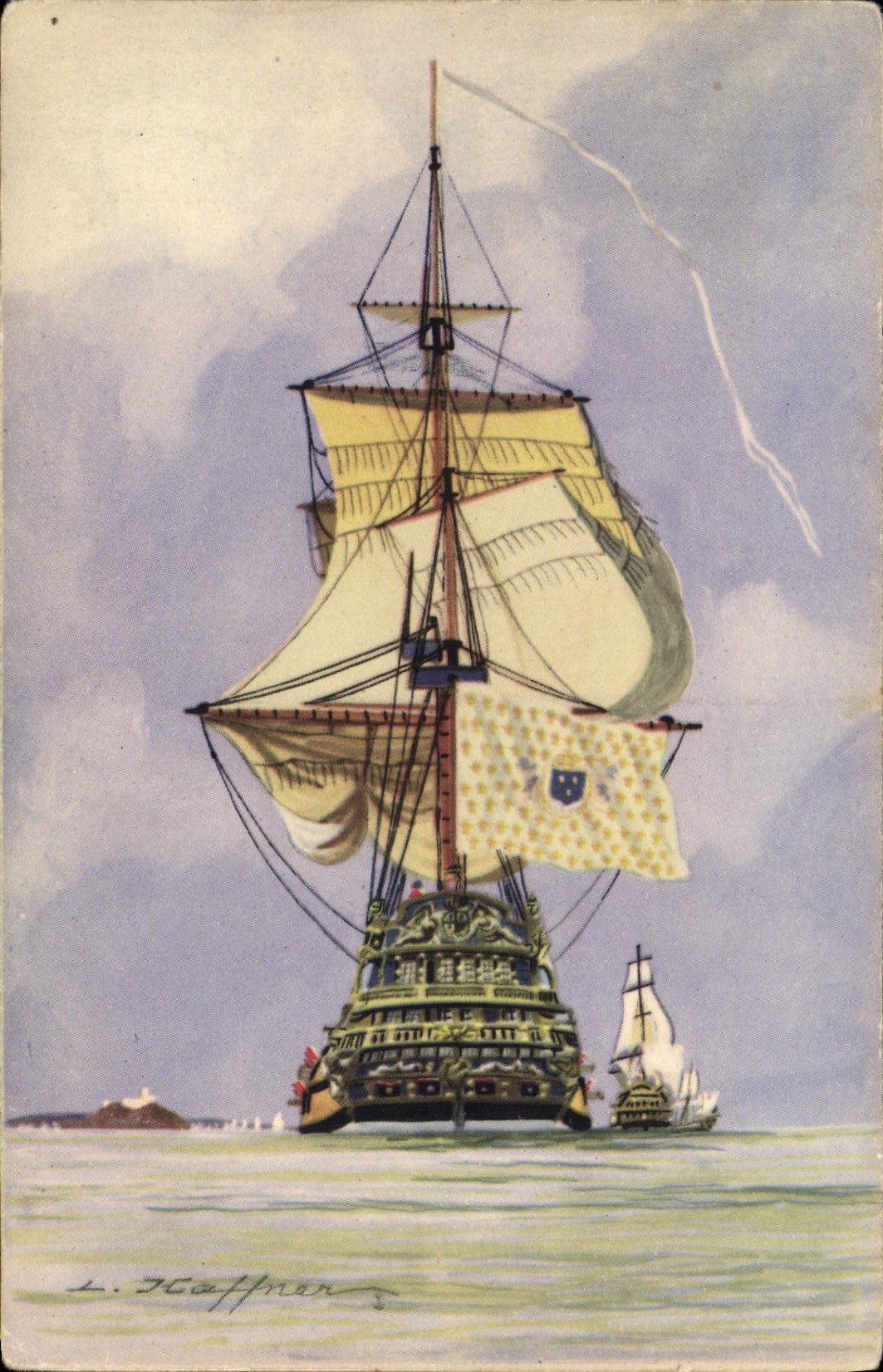 Vintage Postcard Illustrator Haffner Boat the arrival with damping