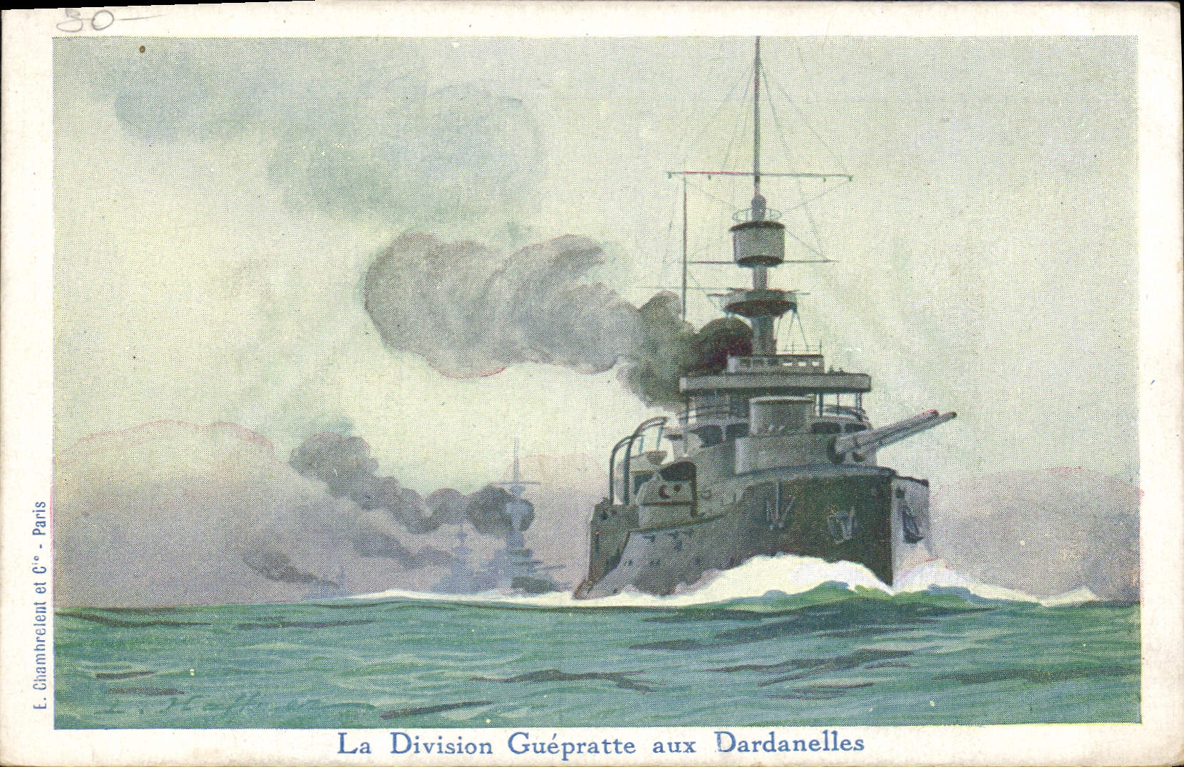 Vintage Postcard Illustrator Haffner Warship Guepratte division in Dardanelles