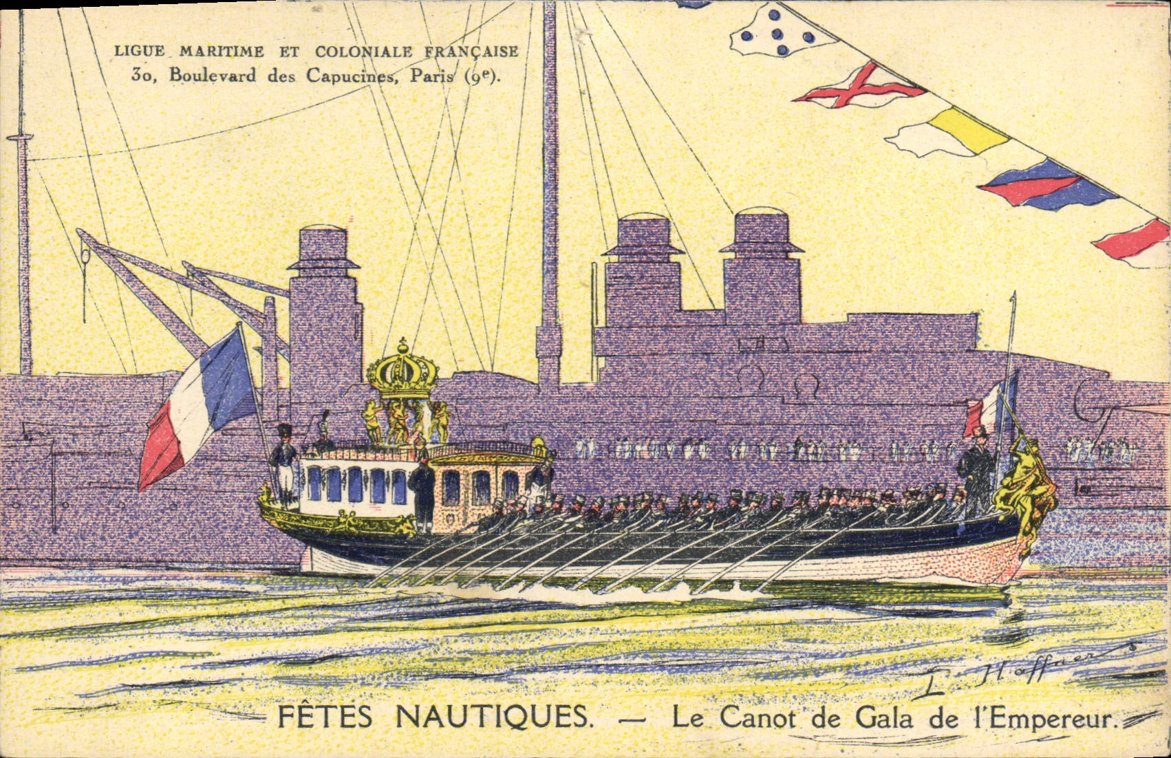 Postal Ilustrador Haffner Barco Festivales naúticos el bote de gala del Emperador