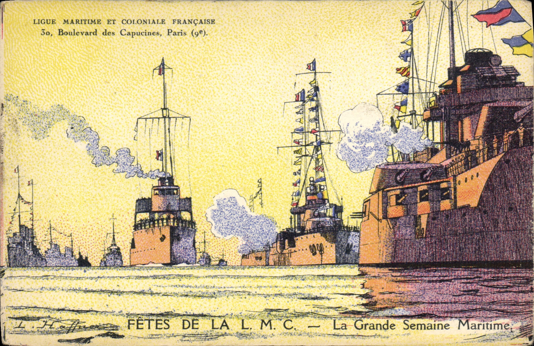 Vintage Postcard Illustrator Haffner Warship Festivals of the LMC the great maritime week