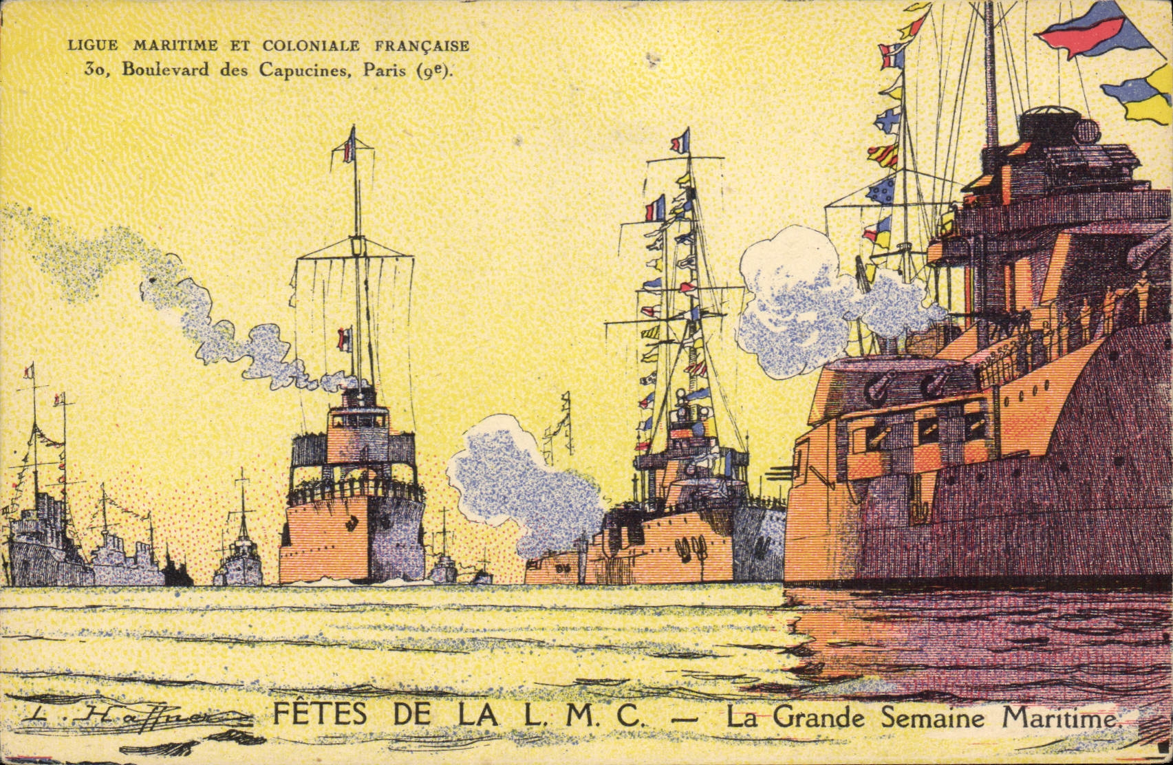 CPA Illustrateur Haffner Bateau de guerre Fetes de la LMC La grande semaine maritime