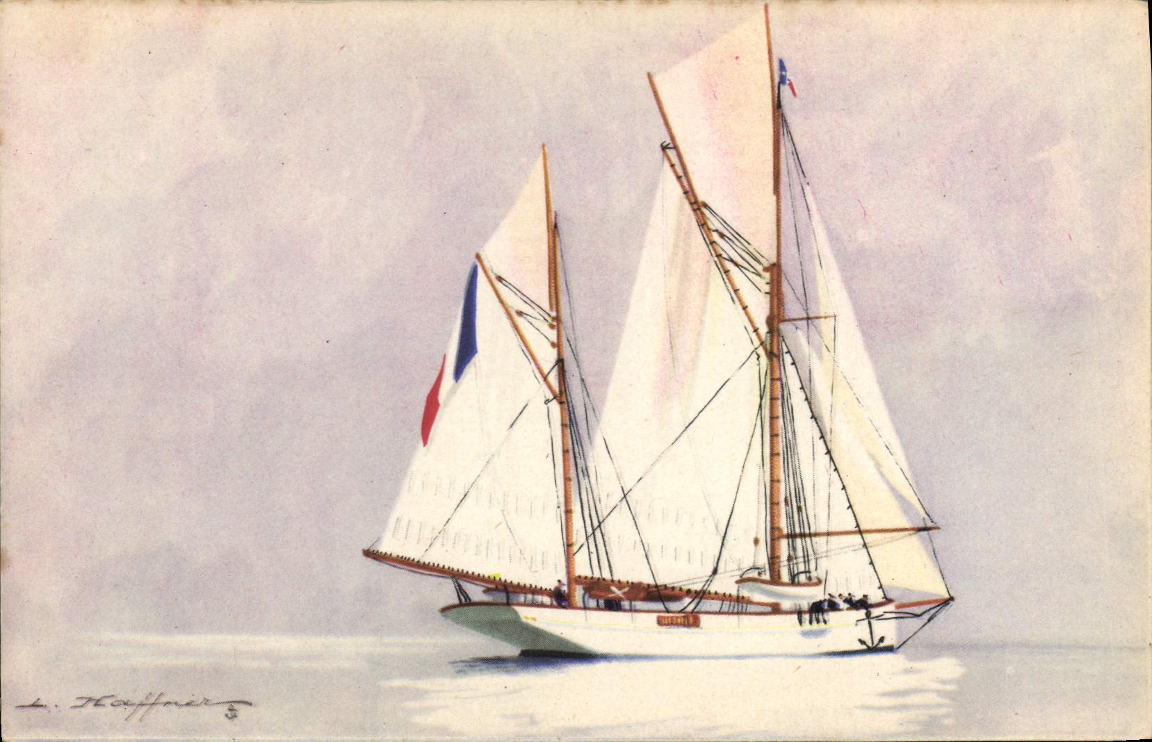 Vintage Postcard Illustrator Haffner Boat Becalmed Yacht Ketch of cruising great chechmate on the front one