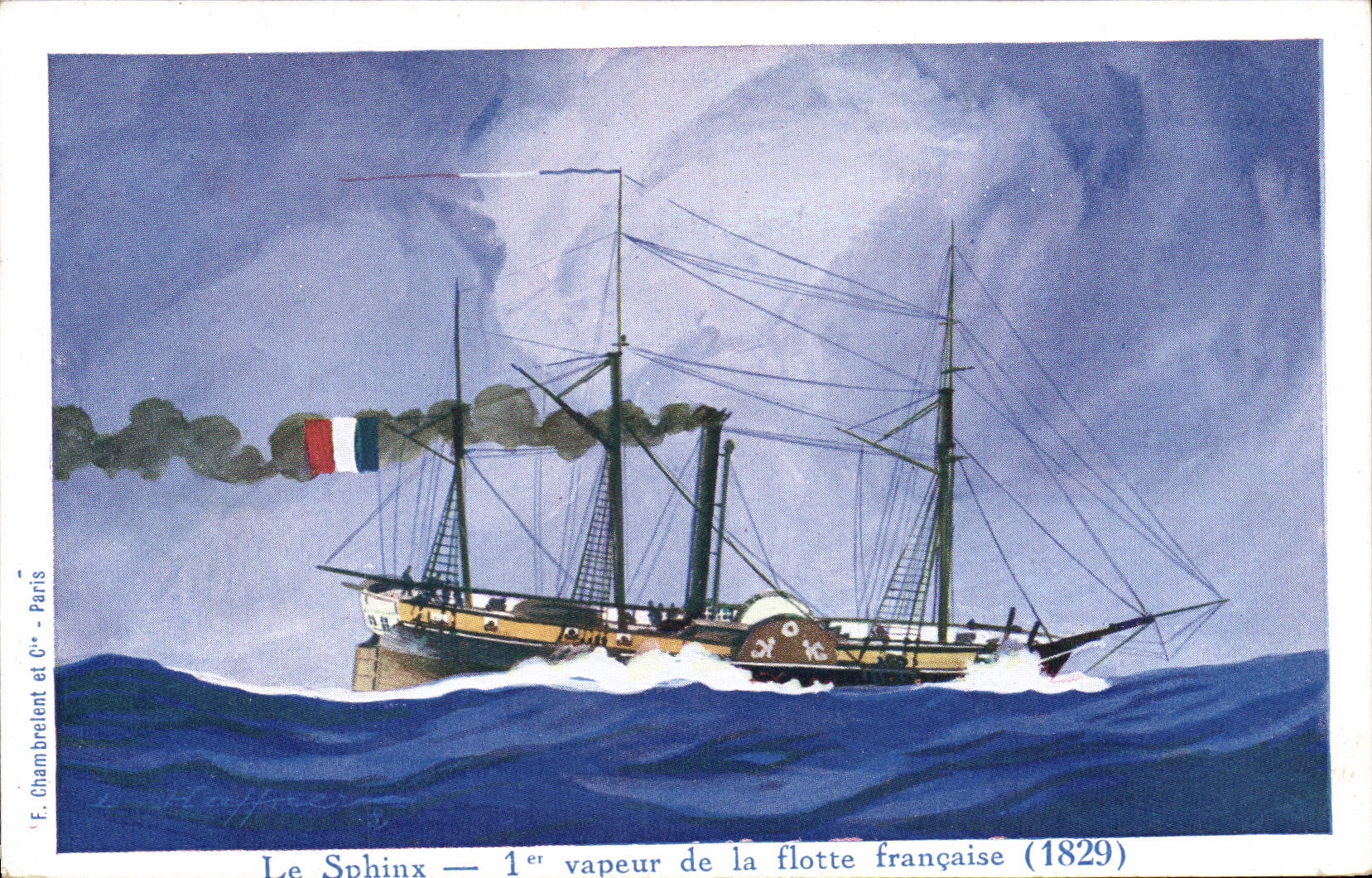 Postal Ilustrador Haffner Barco el 1.o Esfinge vapor de la flota francesa 1829