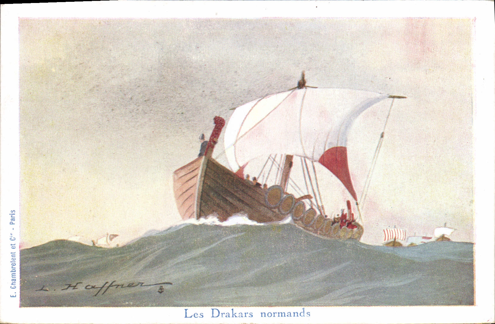 Postal Ilustrador Haffner Barco los drakars normandos