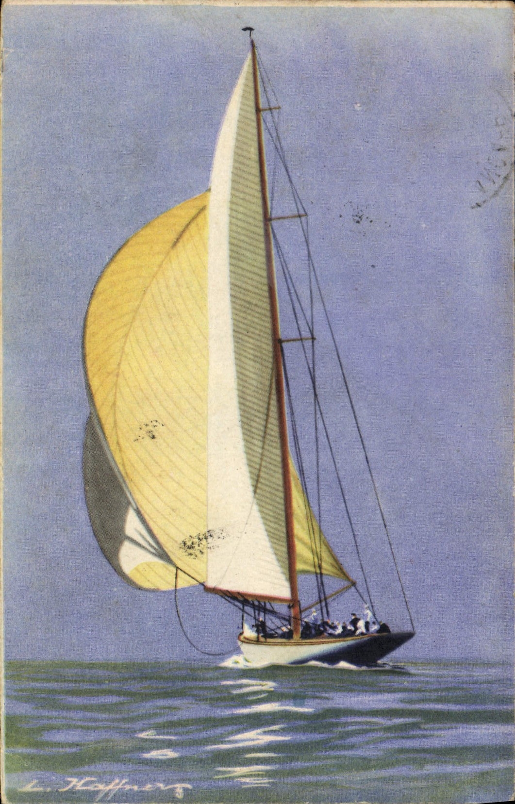 Vintage Postcard Illustrator Haffner Boat current Yacht of the big class wind postponed with its spinmaker