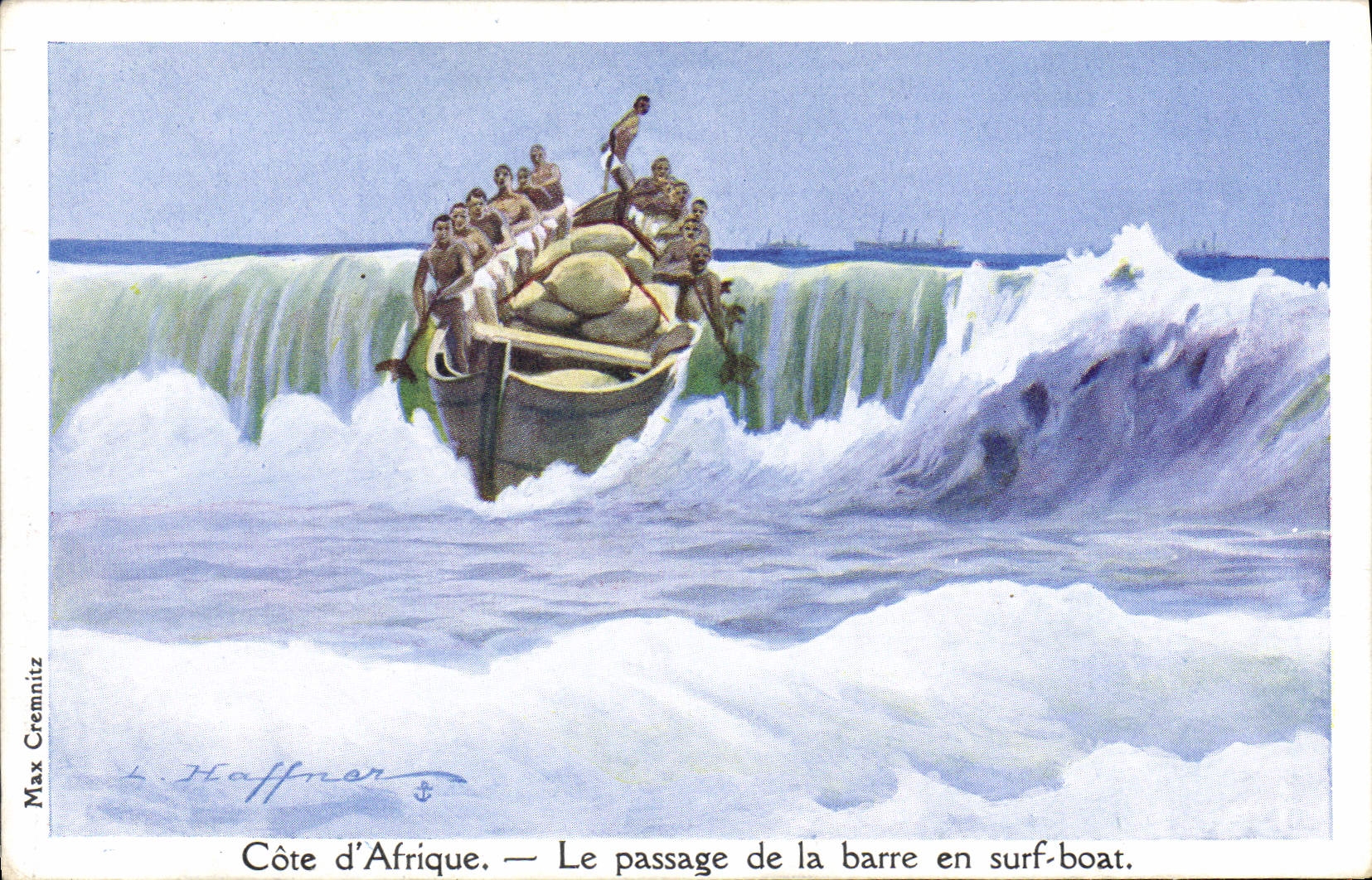 Vintage Postcard Illustrateur Haffner Bateau Dimensions of Africa the bar capacity in surfing coat