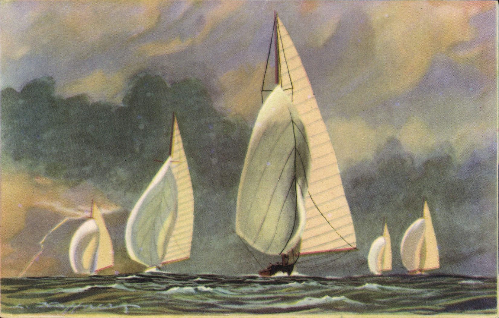 Vintage Postcard Illustrator Haffner Boat late Wind Spinmaker