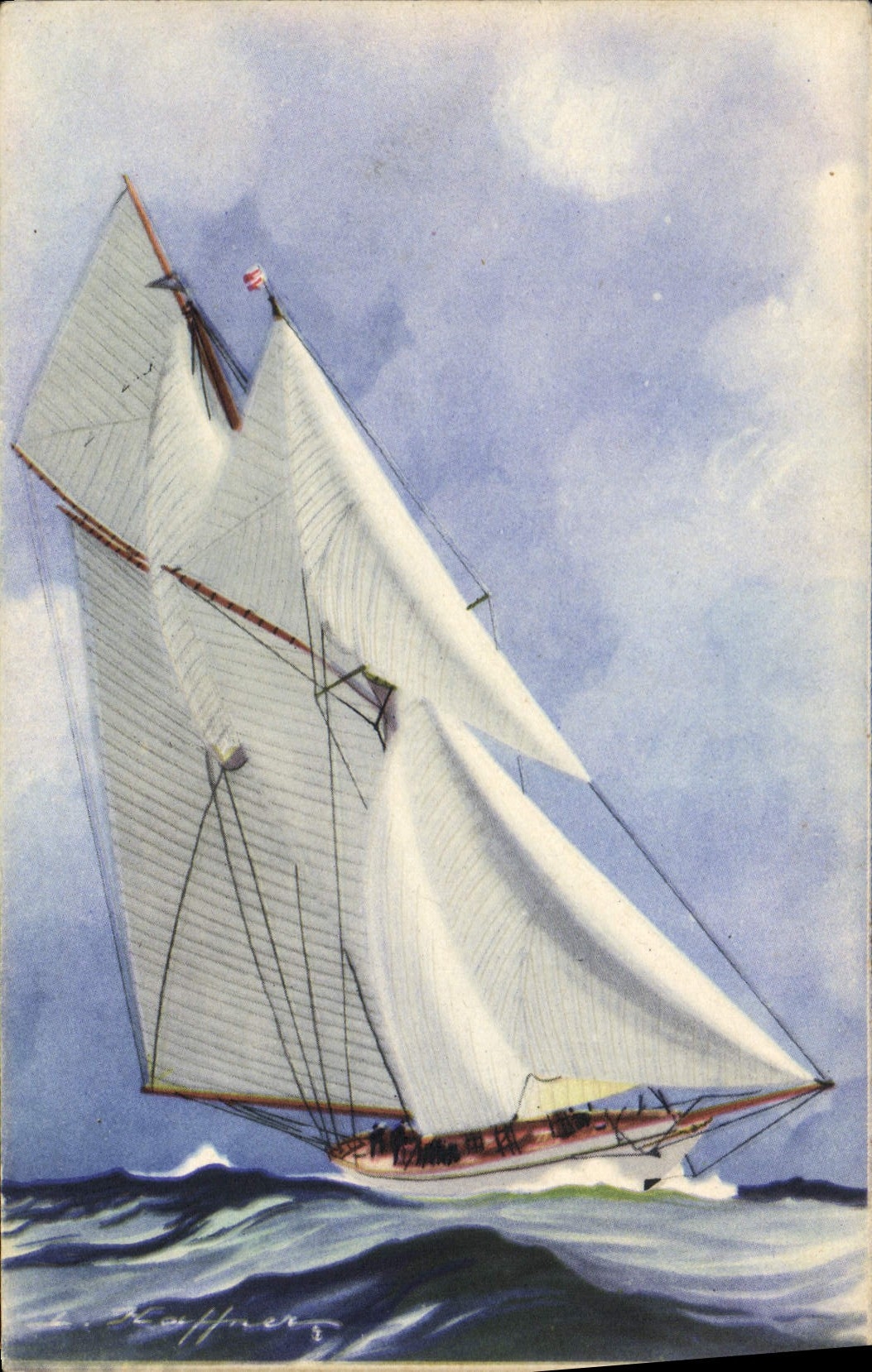 Vintage Postcard Illustrator Haffner Boat Latin Schooner of the loose big class running