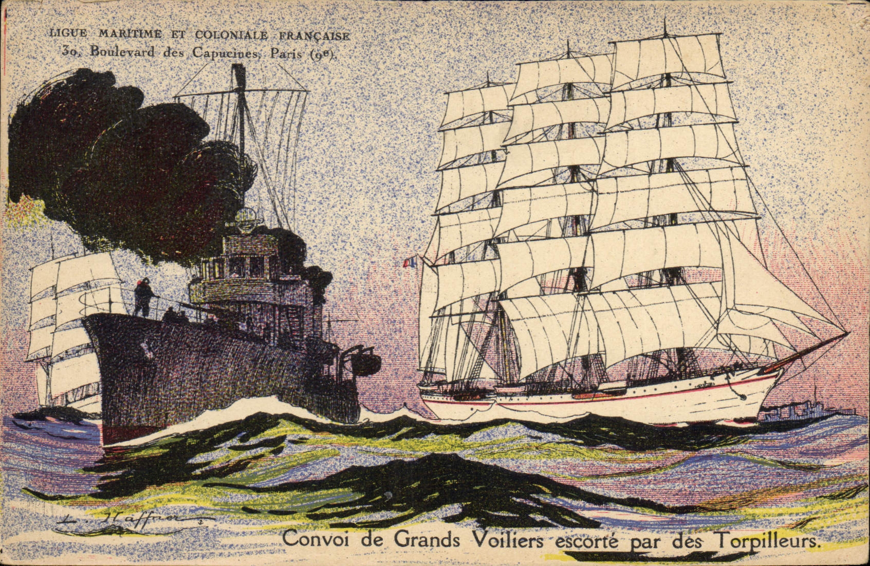 CPA Illustrateur Haffner Bateau de guerre Convoi de grand voiliers escorte par les torpilleurs