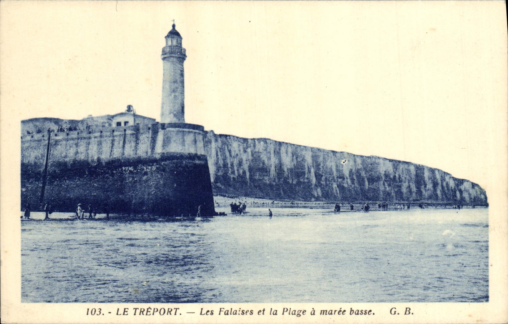 Vintage Postcard Headlight Treport the cliffs and the beach has low tide