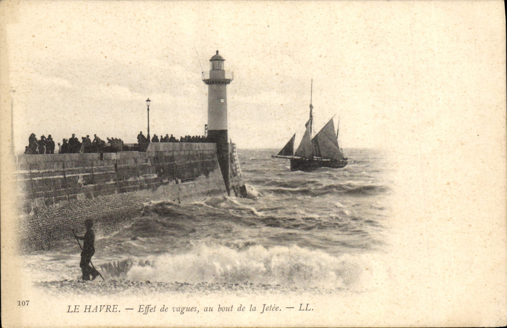 Vintage Postcard Headlight Le Havre Effect of waves at the end of the pier Boat