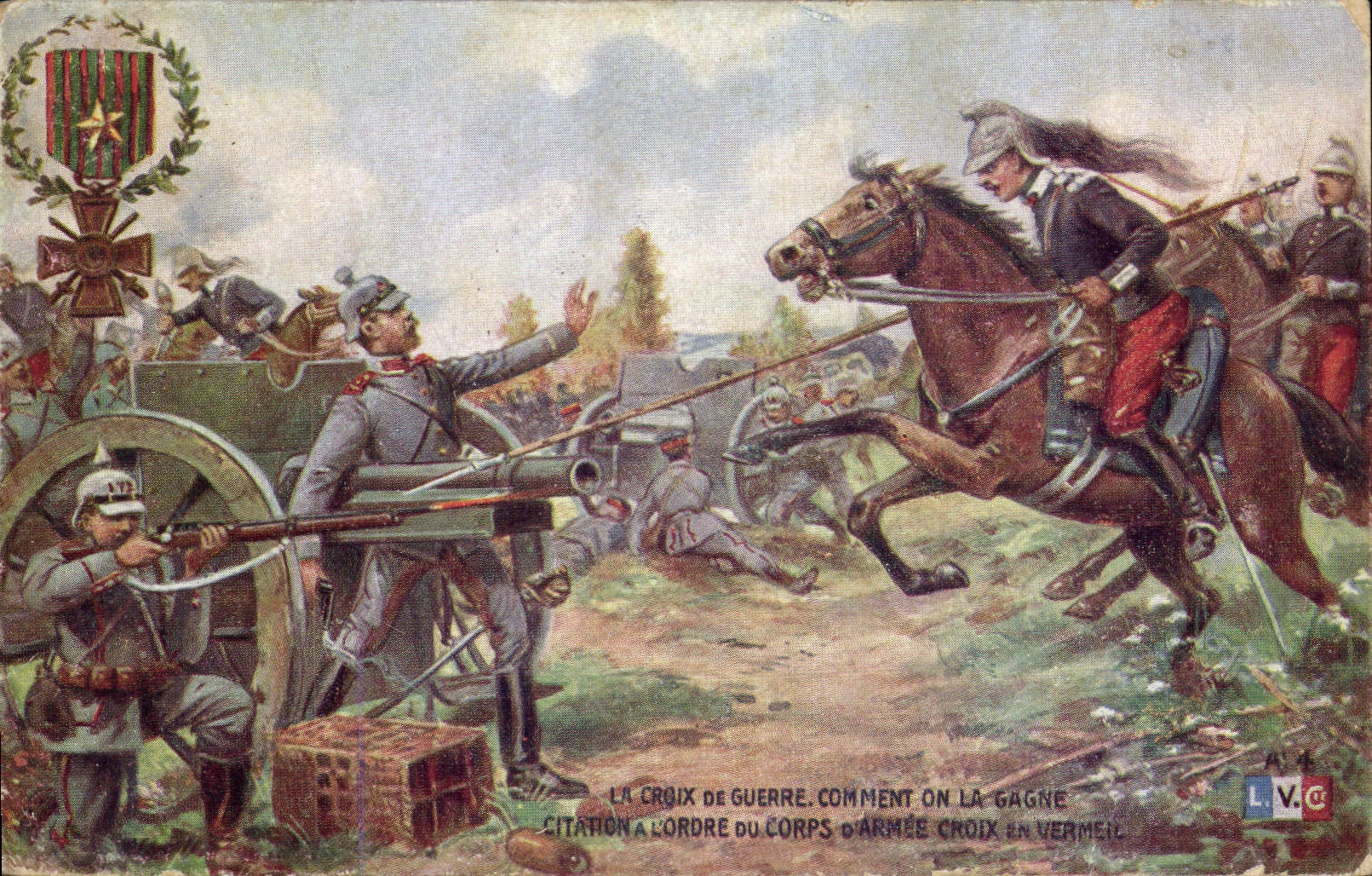 CPA Militaria La croix de guerre comme on la gagne Medaille