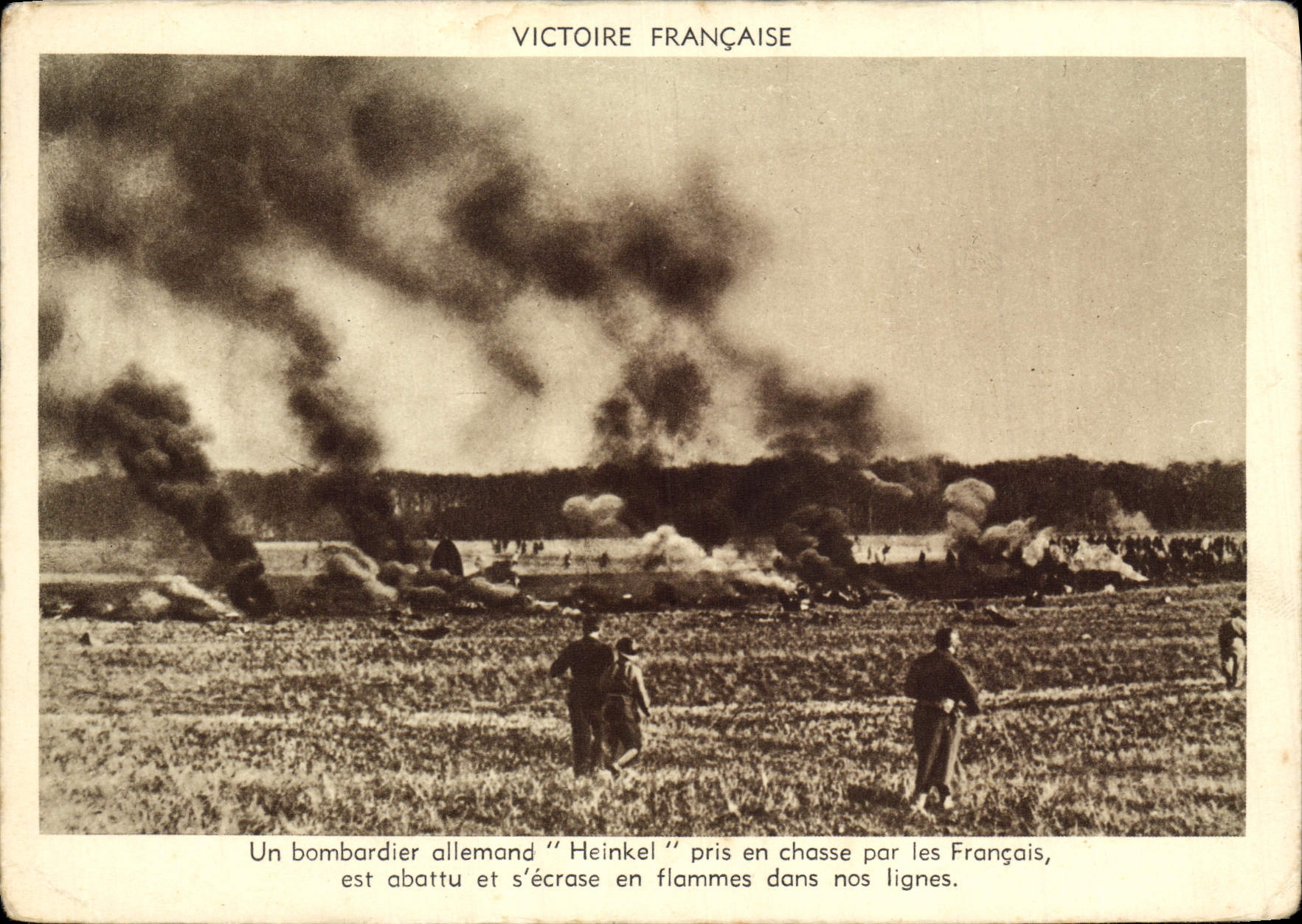 Modern Postcard Militaria a bomber Heinkel taken drives out some by the French is cut down and erase in flames in our linens