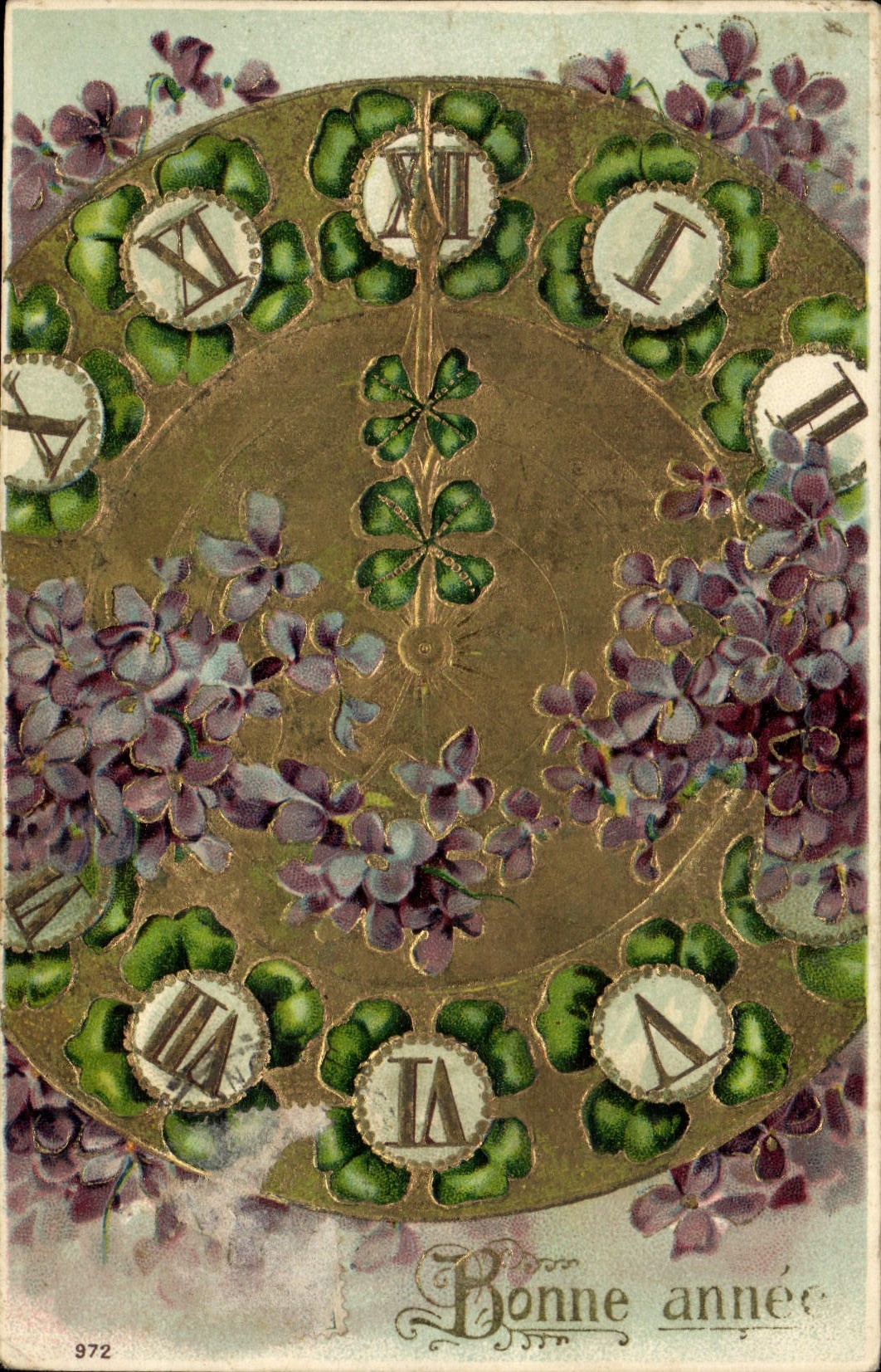 Vintage Postcard Fantasy Flowers Clover Clock