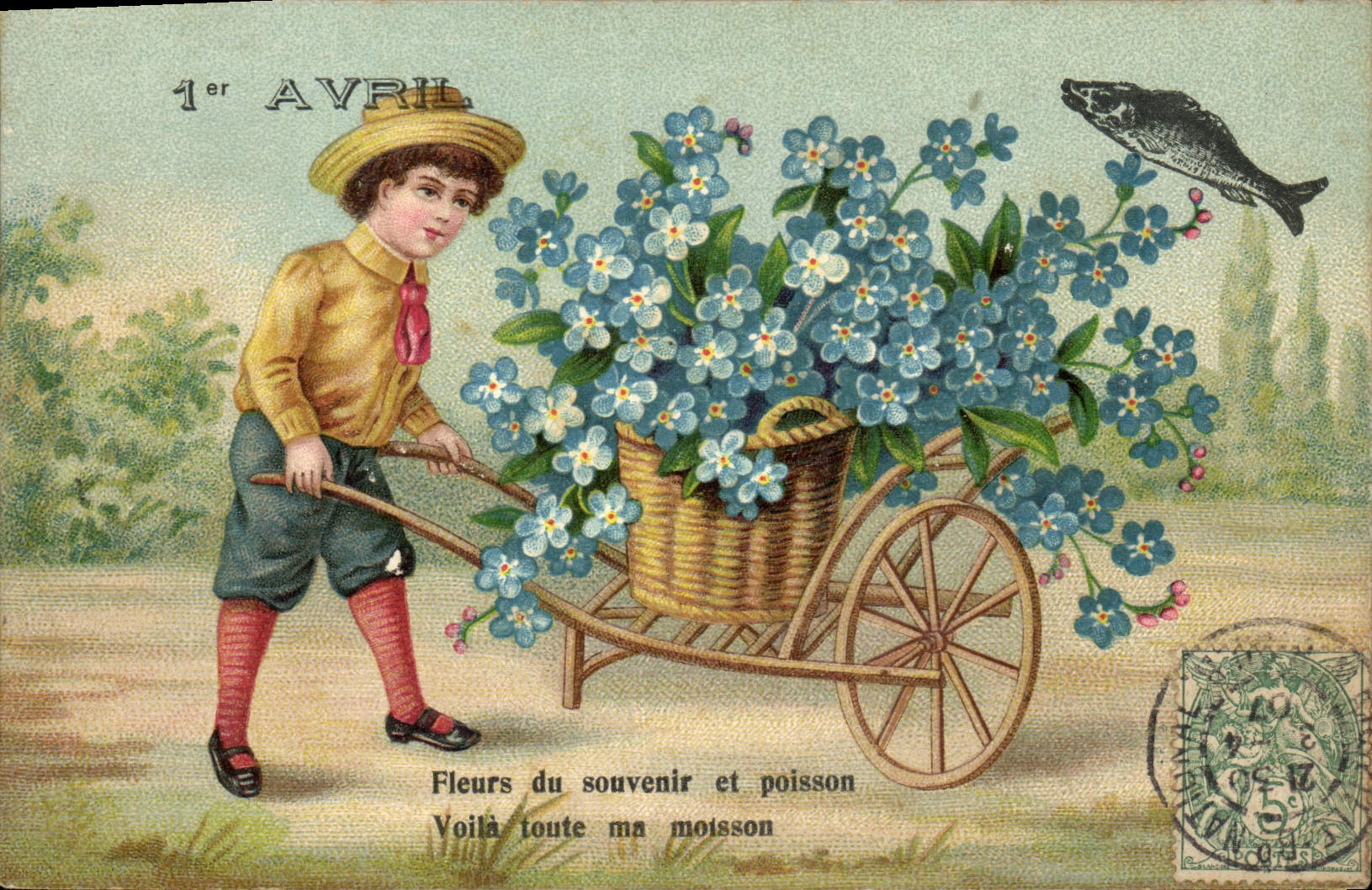 CPA Fantaisie Fleurs Enfant Poisson