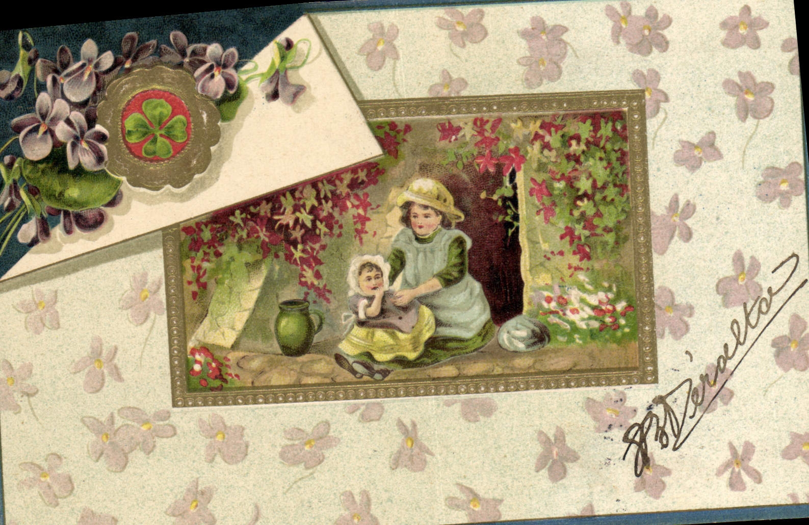 Vintage Postcard Fantasy Flowers Children Clover Headstock